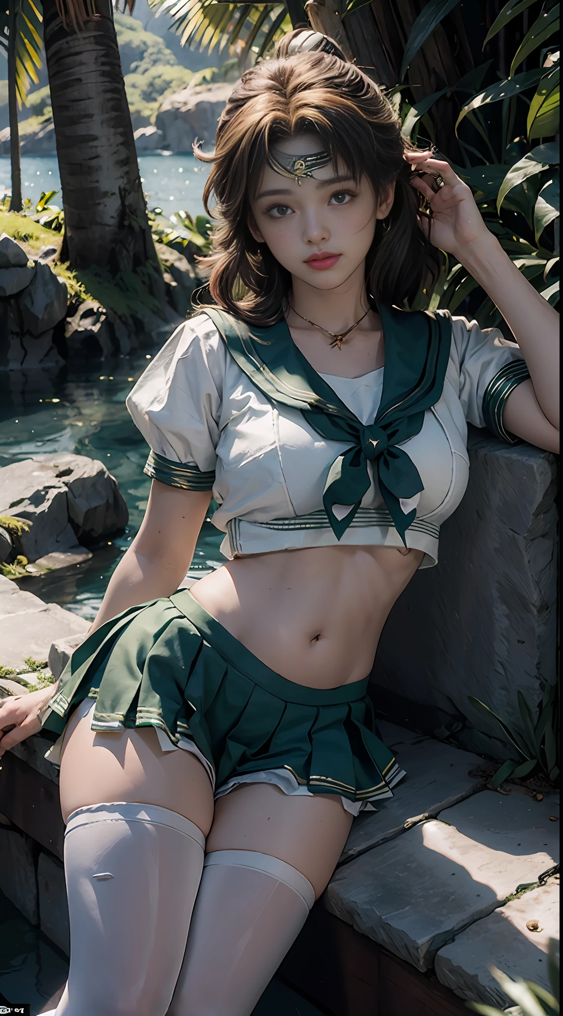 ((Sailor Jupiter Mariner Jupiter: 5)) Best Quality, Ultra High Resolution, Masterpiece, (Realisticity: 1.6), 16K, (1girl with open belly on), white stockings, rainforest, flowers.