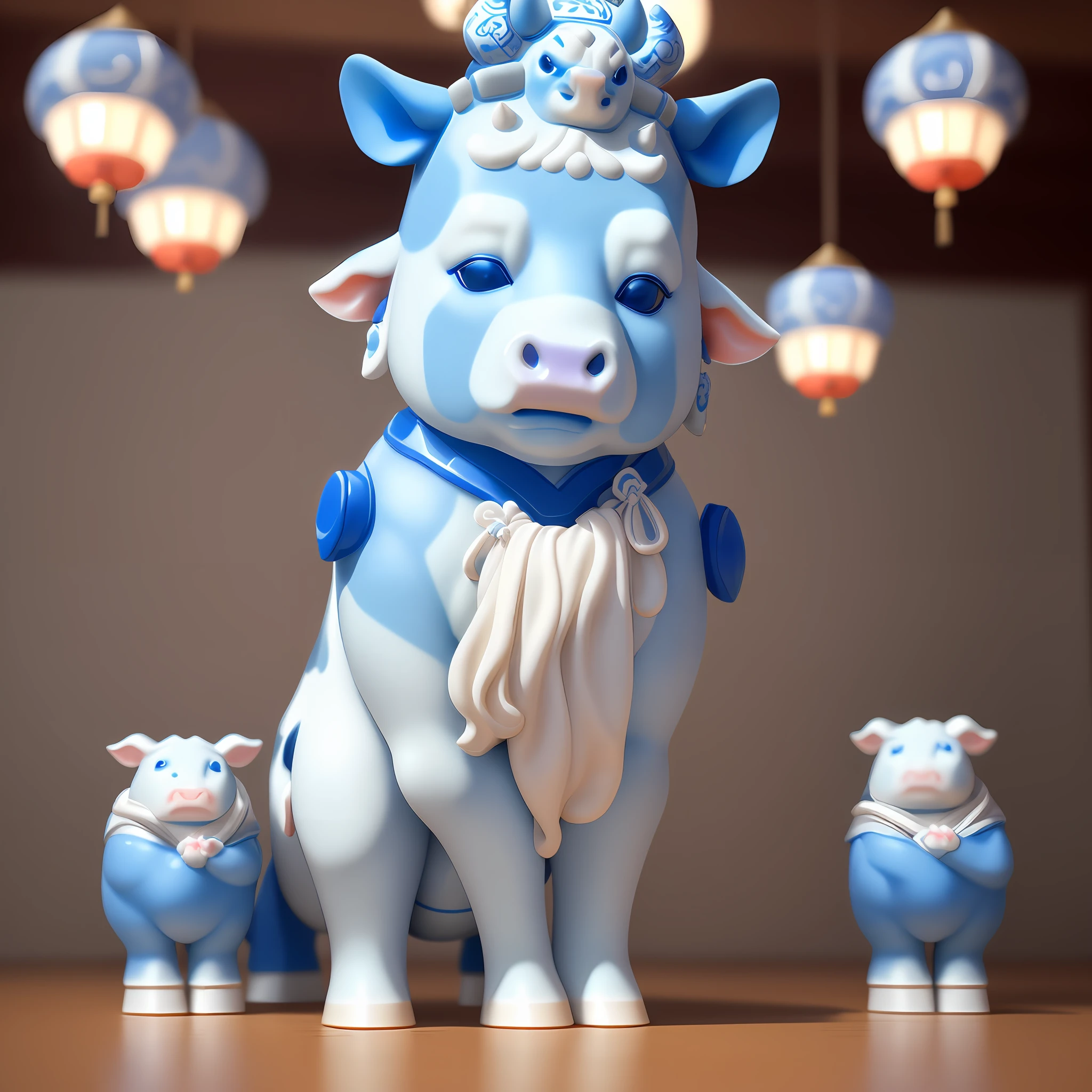 A cute ceramic cow made of blue and white porcelain, full of Chinese mythology, with cinematic lighting, clean background and advanced color scheme, creates an all-over 3D model full of ancient Chinese cultural elements, charming terracotta material, delicate luster, C4D, 8K