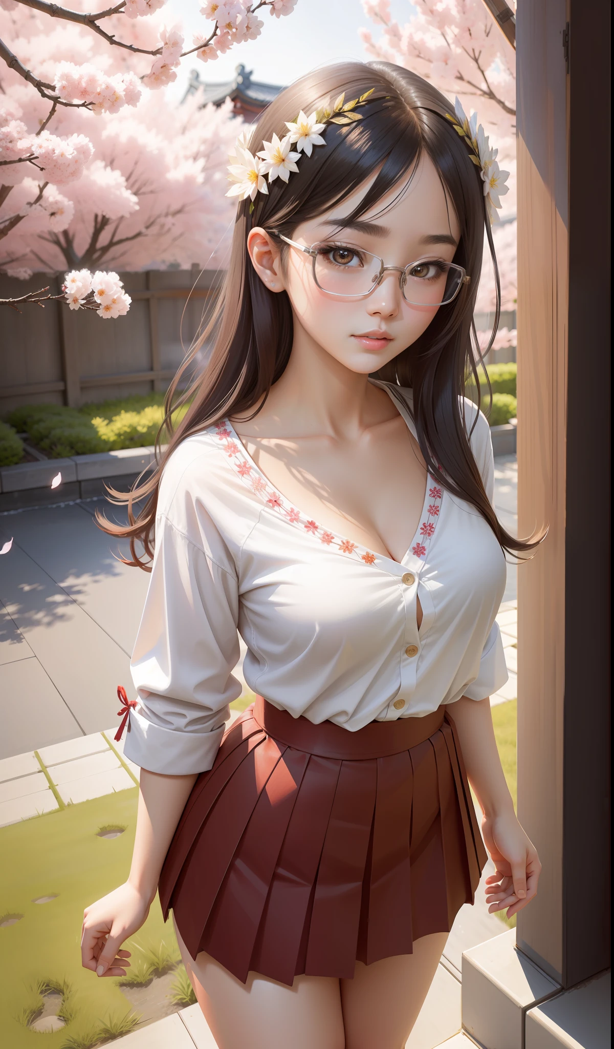 Full body, Japanese queen student, ((best quality extremely detailed)) Japanese adult girl beautiful student, Japanese student woman, beautiful hot student, charming fairy, medium breasts, sweet miss (sexy look look), gorgeous face, goddess in school clothes, white t-shirt with neckline, medium breasts, short hair, fleshy lips, wearing glasses, wreath, 21 years old, a beautiful professional digital photograph,  Portrait of a beautiful student, portrait of young student, beautiful digital work, beauty girl, mulan portrait, portrait of a cute charming maiden, standing doing a cute (sensual) pose under cherry trees raining petals (well detailed 8K angelic scenery), Japanese goddess, Japanese girl, Japanese woman.