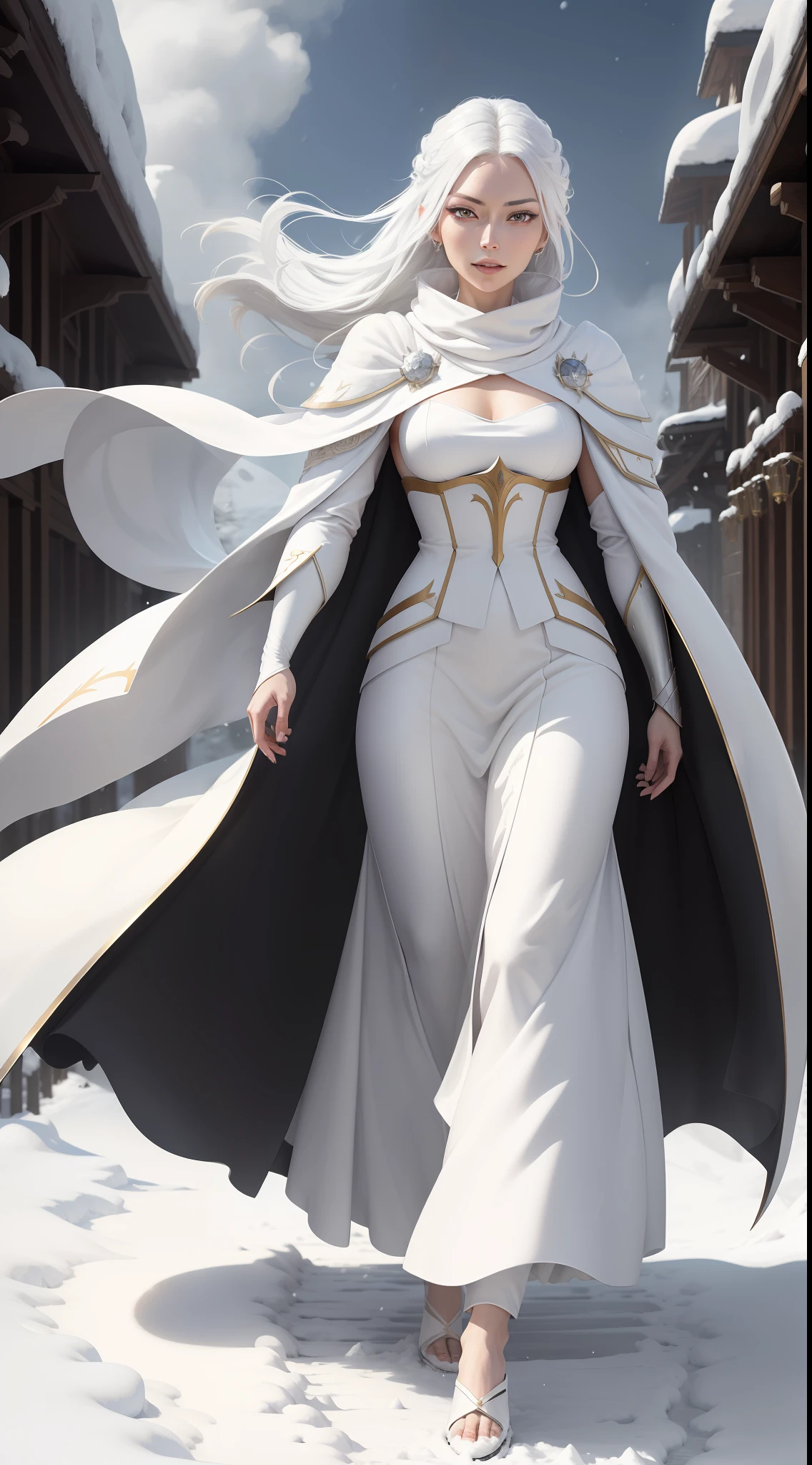 (masterpiece, high quality: 1.4), (Rukia Kuchiki, silver hair, (white hair), black eye, smile | teeth, snow white clothes, snow sword), snow aura, ((full body)), (dynamic pose), closeup shot, battlefield background, exciting, (beautiful face), powerful aura, bright lilac eye, ((wearing aristocratic robe)), ice goddess powers, 8k, 64k, HD, incomparable masterpiece, dynamic lighting,  Cinematic, epic, high-quality digital art, flowing white robes, minimalist snow details, battlefield, Bleach anime.