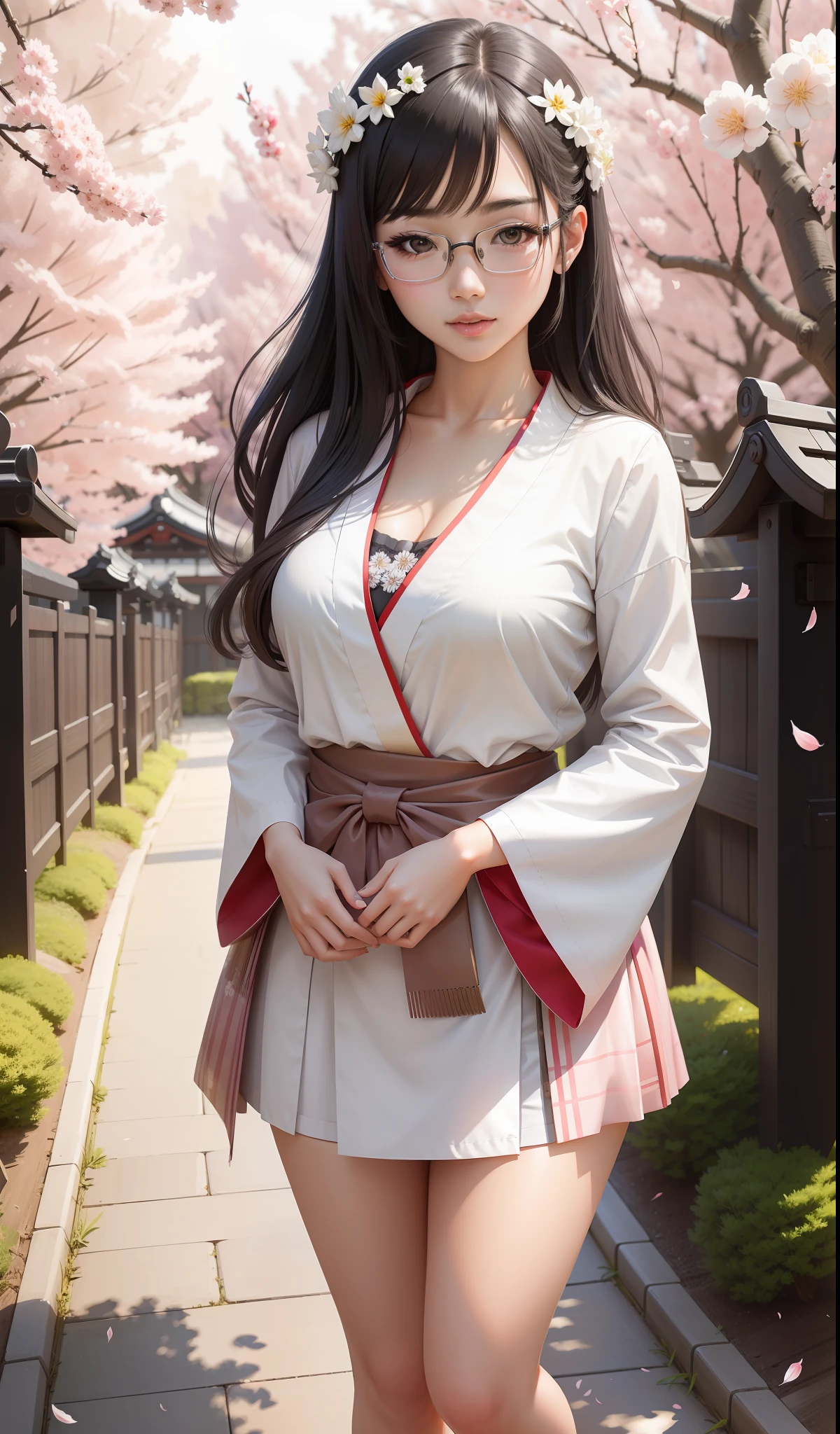 Full body, Japanese queen student, ((best quality extremely detailed)) Japanese adult girl beautiful student, Japanese student woman, beautiful hot student, charming fairy, medium breasts, sweet miss (sexy look look), gorgeous face, goddess in school clothes, white t-shirt with neckline, medium breasts, short hair, fleshy lips, wearing glasses, wreath, 21 years old, a beautiful professional digital photograph, Portrait of a beautiful student, portrait of young student, beautiful digital work, beauty girl, mulan portrait, portrait of a cute charming maiden, standing doing a cute (sensual) pose under cherry trees raining petals (well detailed 8K angelic scenery), Japanese goddess, Japanese girl, Japanese woman.