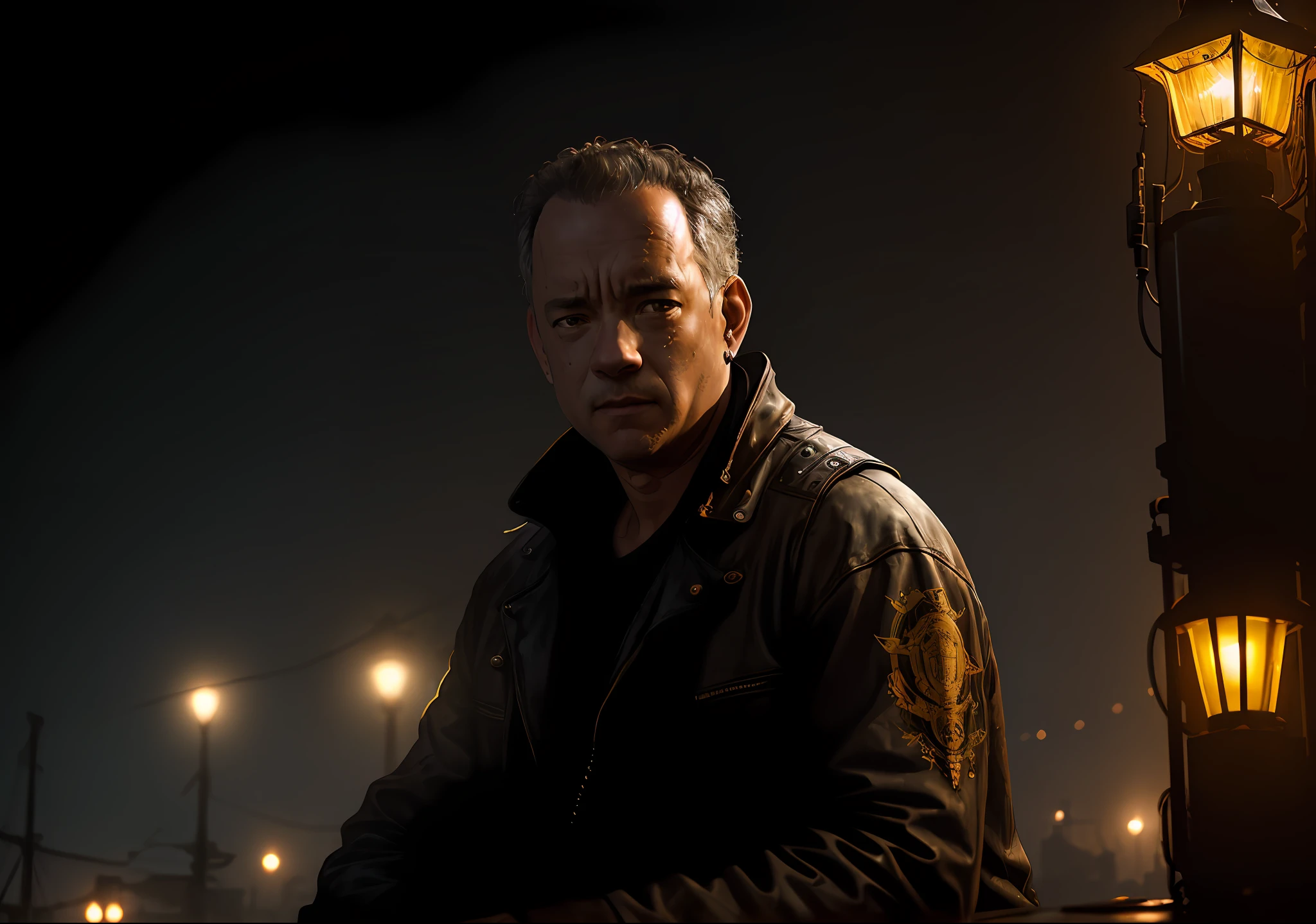 TOM HANKS DARK PHOTO: Sitting on an old boat, realistic epic, portrait of, James Gilleard, by Joe Fenton, by Kaethe Butcher, yellow gradient, black, brown and magenta color scheme, grunge aesthetic!!! Graffiti brand wall background, art by Greg Rutkowski and Artgerm, soft cinematic light, Adobe Lightroom, Photo Lab, HDR, intricate, highly detailed, (depth of field: 1.4), faded, (neutral colors: 1.2), (HDR: 1.4), (soft colors:1.2), hyperdetailed, (Artstation:1.4), cinematic, warm lights, dramatic light, (intricate details:1.1), complex background, (Rutkowski:0.66), (blue and orange:0.4)
