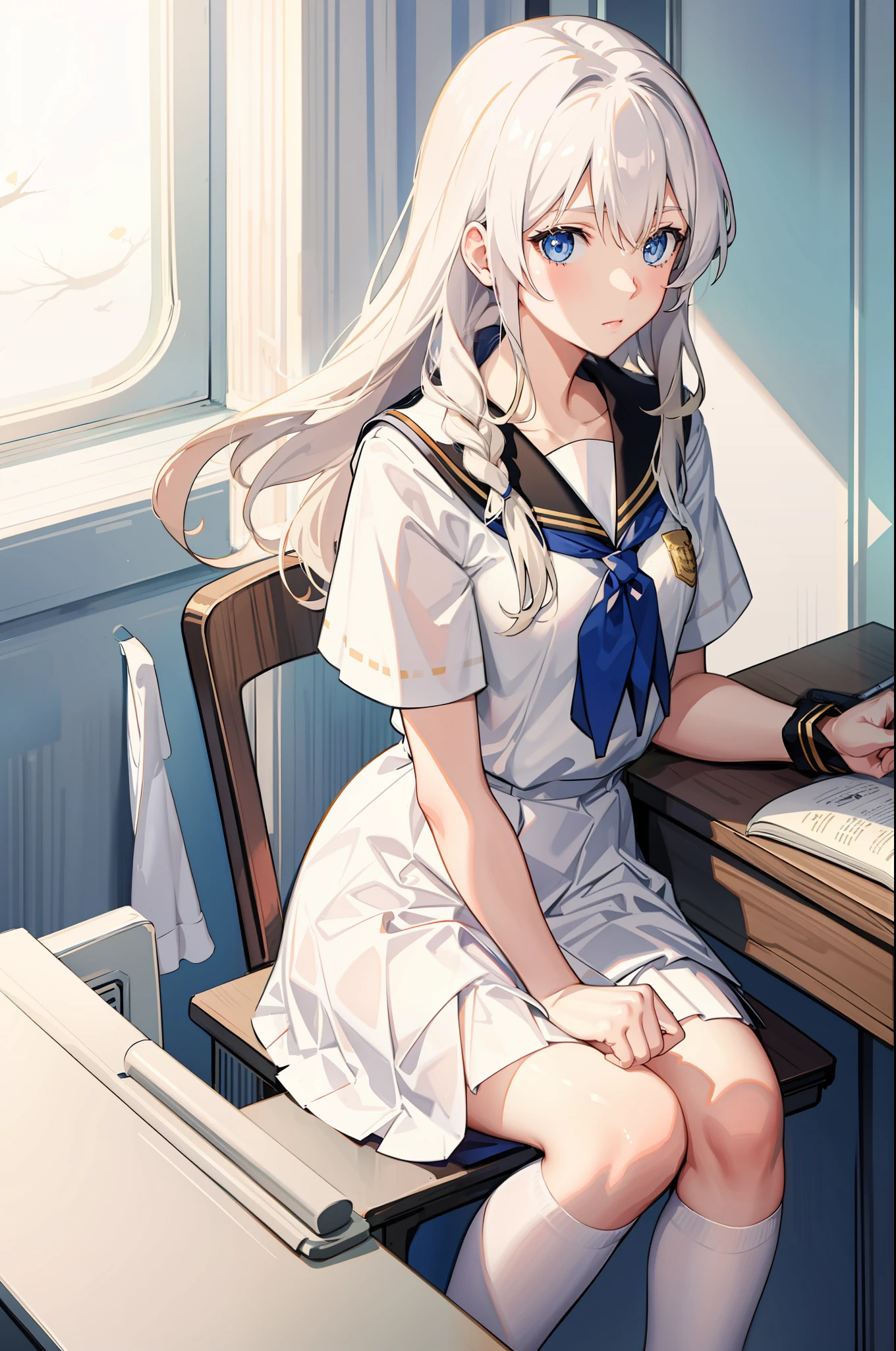 Girl, flowing golden hair, blue eyes, white school uniform, sitting sleepily in class, anime