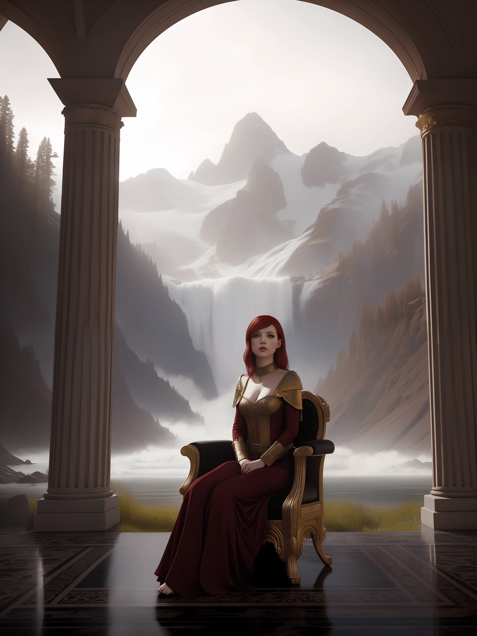photo of Haley Williams, highres, masterpiece, 1girl, solo, best quality, realistic, short red hair,
palace, throne room, sitting on throne,
Goddess cosplay, smirk, aroused,
4K, HDR. by (James C. Christensen:1.2|Jeremy Lipking:1.1).