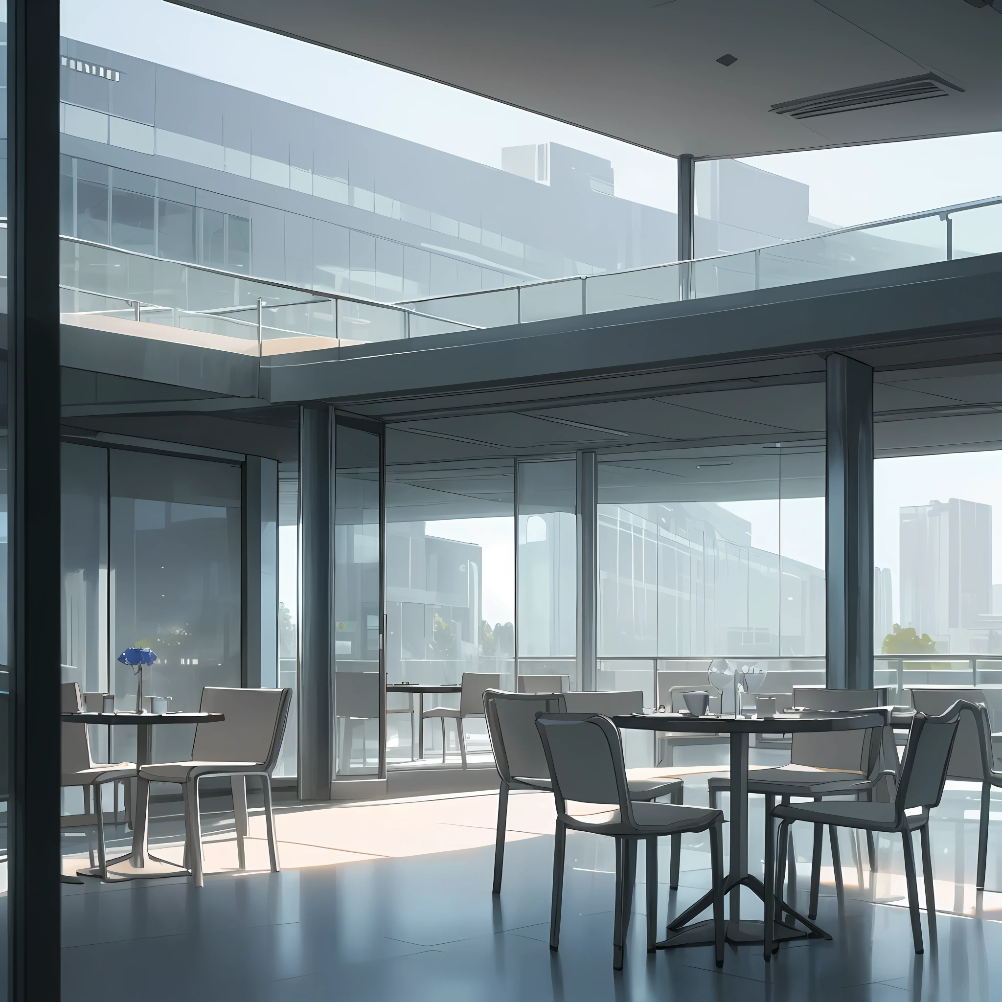 Flat approach from outside an empty café with large windows reflecting outside light, located in a futuristic concrete building. The terrace has tables and chairs, inviting guests to enjoy the view.