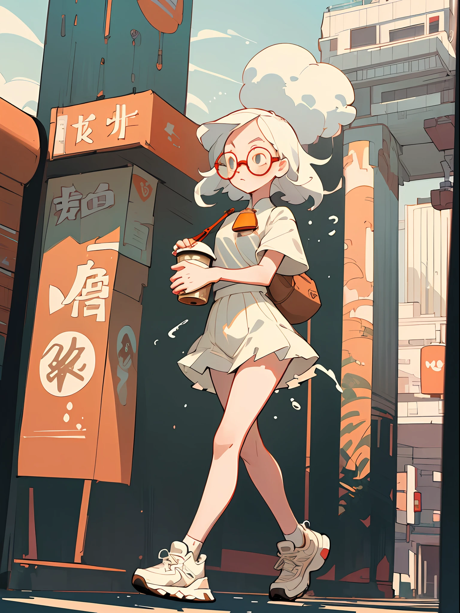 (Best quality, masterpiece), 1girl, full body, walking, white skin, wearing glasses, carrying a cup of milk tea, short-sleeved shirt, short skirt, sneakers, energetic, gentle and cute, background is a high-rise building