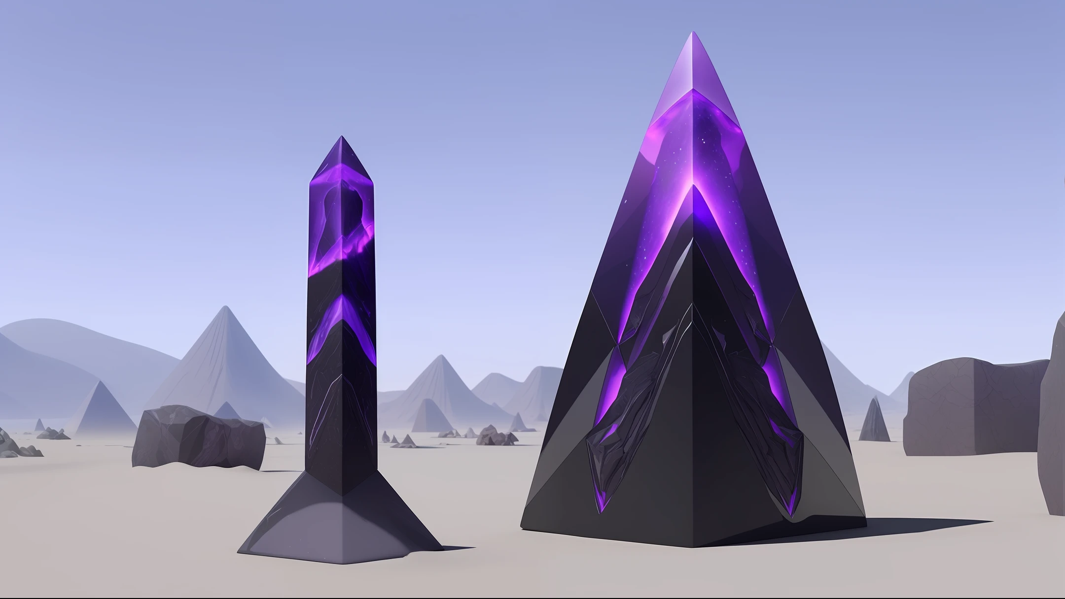 epic alien obsidian obelisk with pale violet crystals leaning against each other surrounding giant irregular shiny black cube in the middle, sand, fantasy, 4k