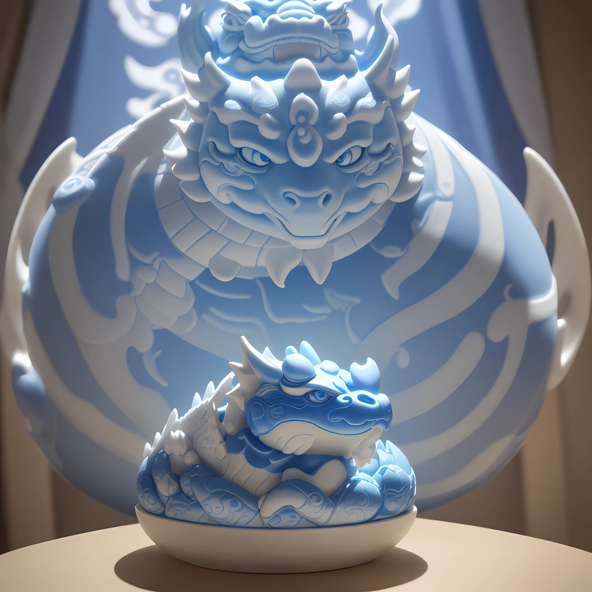 A cute ceramic Chinese dragon made of blue and white porcelain, full of Chinese mythology, with cinematic lighting, clean background and advanced color scheme, creates an all-over 3D model full of ancient Chinese cultural elements, charming terracotta material, delicate luster, normal displaning, C4D, 8K