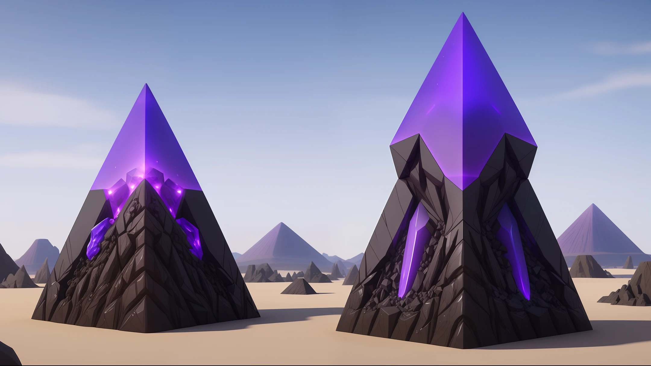 anthill, epic alien obsidian obelisk with pale violet crystals leaning against each other surrounding giant irregular shiny black cube in the middle, sand, fantasy, 4k