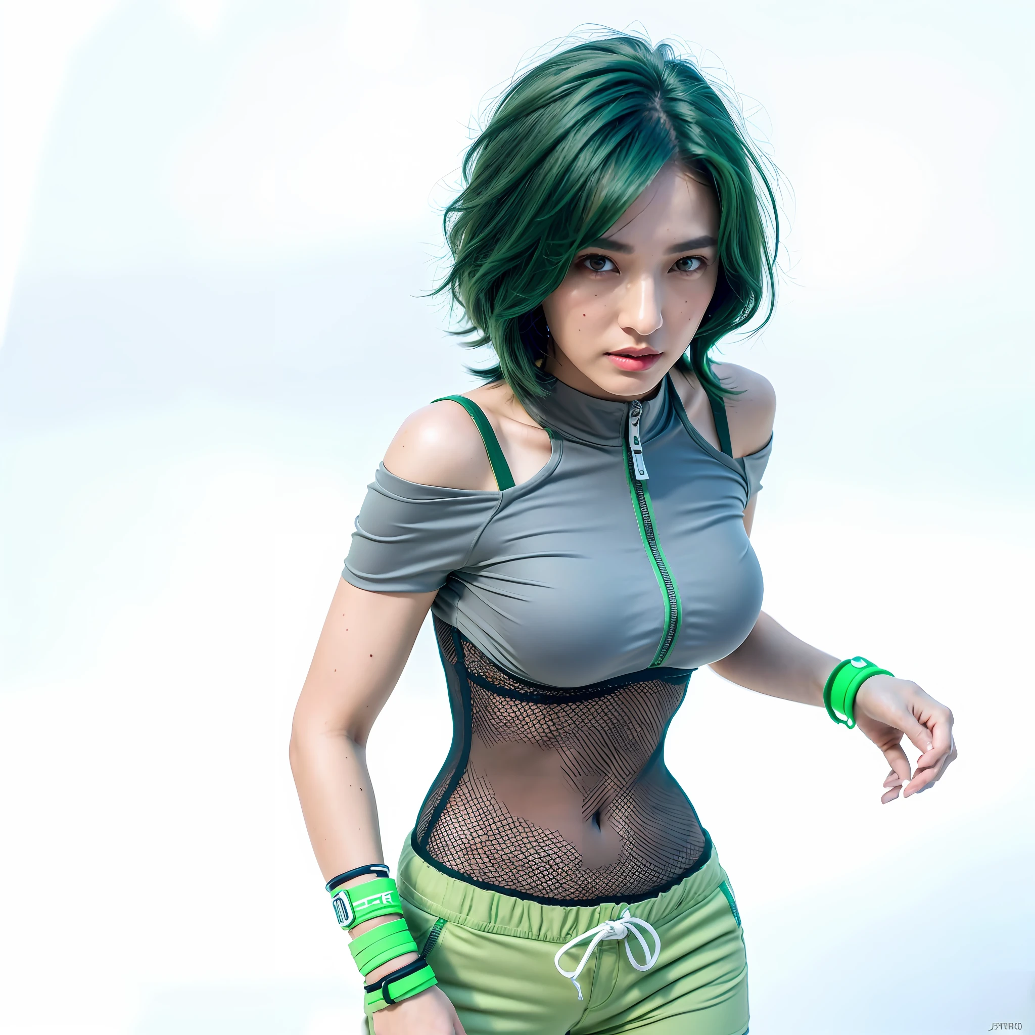 (1girl),((Best quality, 8k, Masterpiece :1.5)), 1girl, Sensual woman with accentuating slim abs and , (Outdoor, Rain), Charming face, Very detailed skin and face, Ultra detailed lips and eyes, (thick dark eyebrows), (green bracelets watch on the hands), transparent fabric at the waist from the top to the shorts ((light gray top with closed shoulders and a zipper in the center of the top)) , ((light green shorts)),((green bracelets on the arms))((wavy hair),(blue hair)),(photorealistic eyes)), good anatomy, good pose,((realistic skin)))), ((realistic eyes)))), ((background of wasteland, rocks))