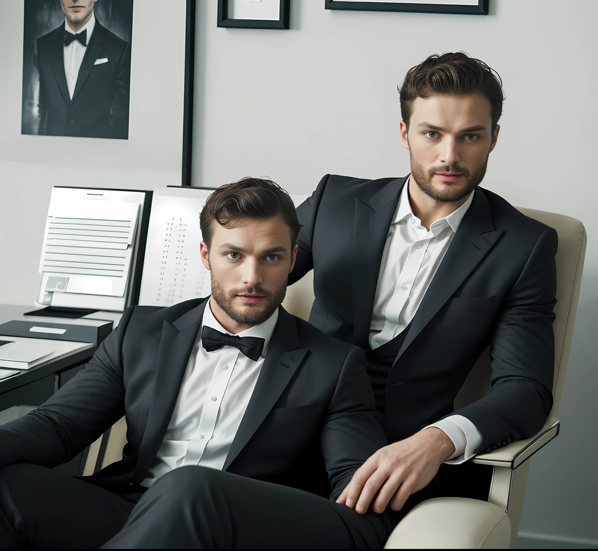 (Man sitting in office chair), Wearing suit, (Beard and attractive) movie scene, (Impeccable), Serious and elegant man, Actor Jamie Dornan, with thick male eyebrows, secret agent 007 man style, (with mysterious and serious face,) short dark hair, elegant and elegant, body fit and strong fit in suit, Man similar to actor Jamie Dornan, ( high quality and realistic image), ((Best Quality, 8k, Masterpiece).