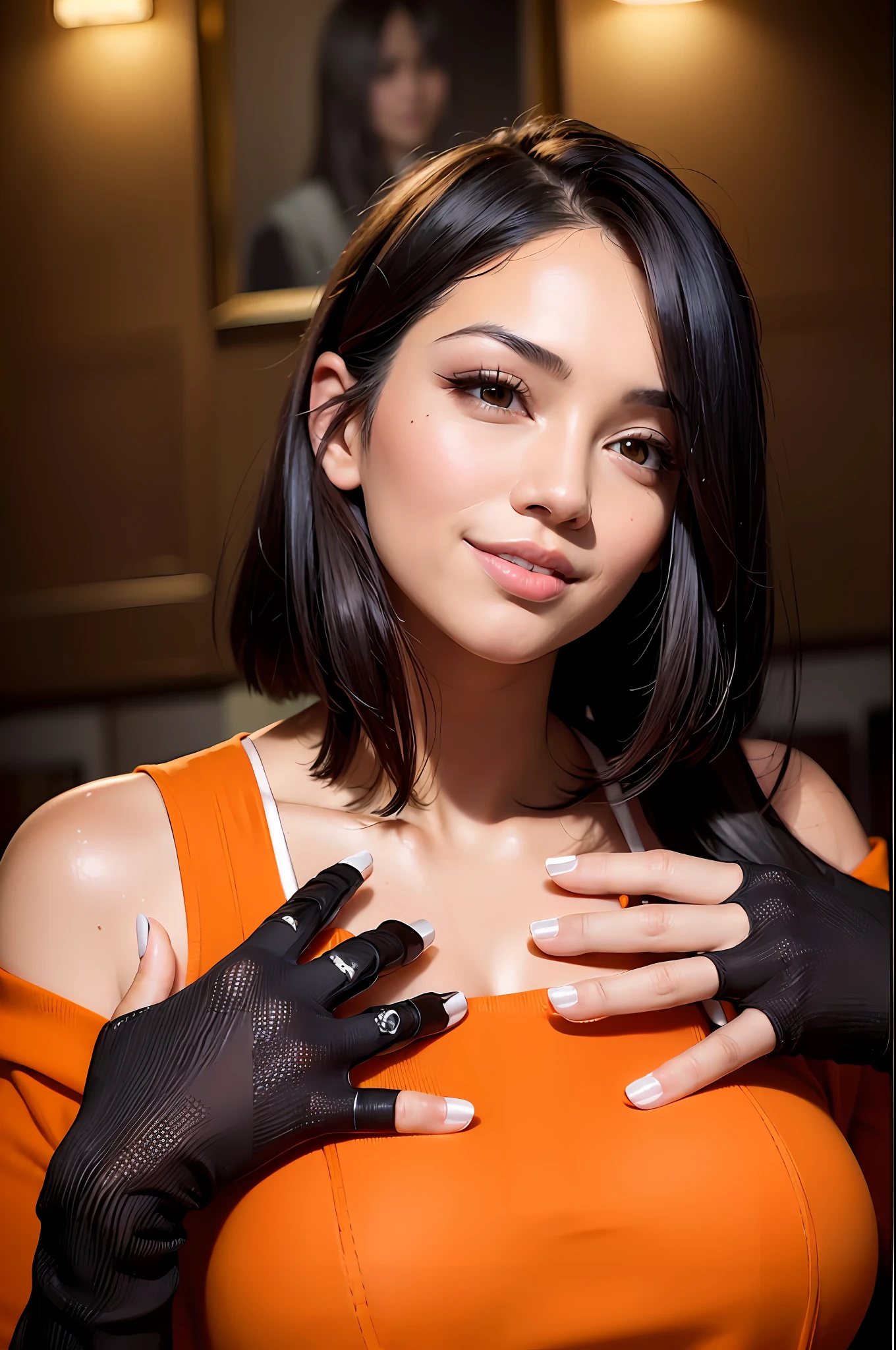 Best quality, realistic, award-winning illustration, (complicated detail: 1.2), (fine detail), (complicated detail), (cinematic lights, best quality), sharp lines, sharp focus, official art, 16k, on a white background, (A woman with a smiling face: 1.3), a playful young boss, there is a woman with short medium hair, (black hair: 1.3), smiling look, about 35 years, (38 years), woman of 35 years, (short hair: 1.3), (face with fine details: 1.2), (aged face details: 1.2), (beautiful: 1.3), (normal body small breasts: 1.3) (small breasts: 1.3), pronounced feminine feature, flirting with the camera. wearing black apron uniform with orange, wearing cap, black cap and orange details, wearing jeans, woman posing for a photo, holding a huge can of creamy dulce de leche, dulce de leche pouring, splash dulce de leche, explosion dulce de leche, all-white background, headshot profile picture, posing for a photo.