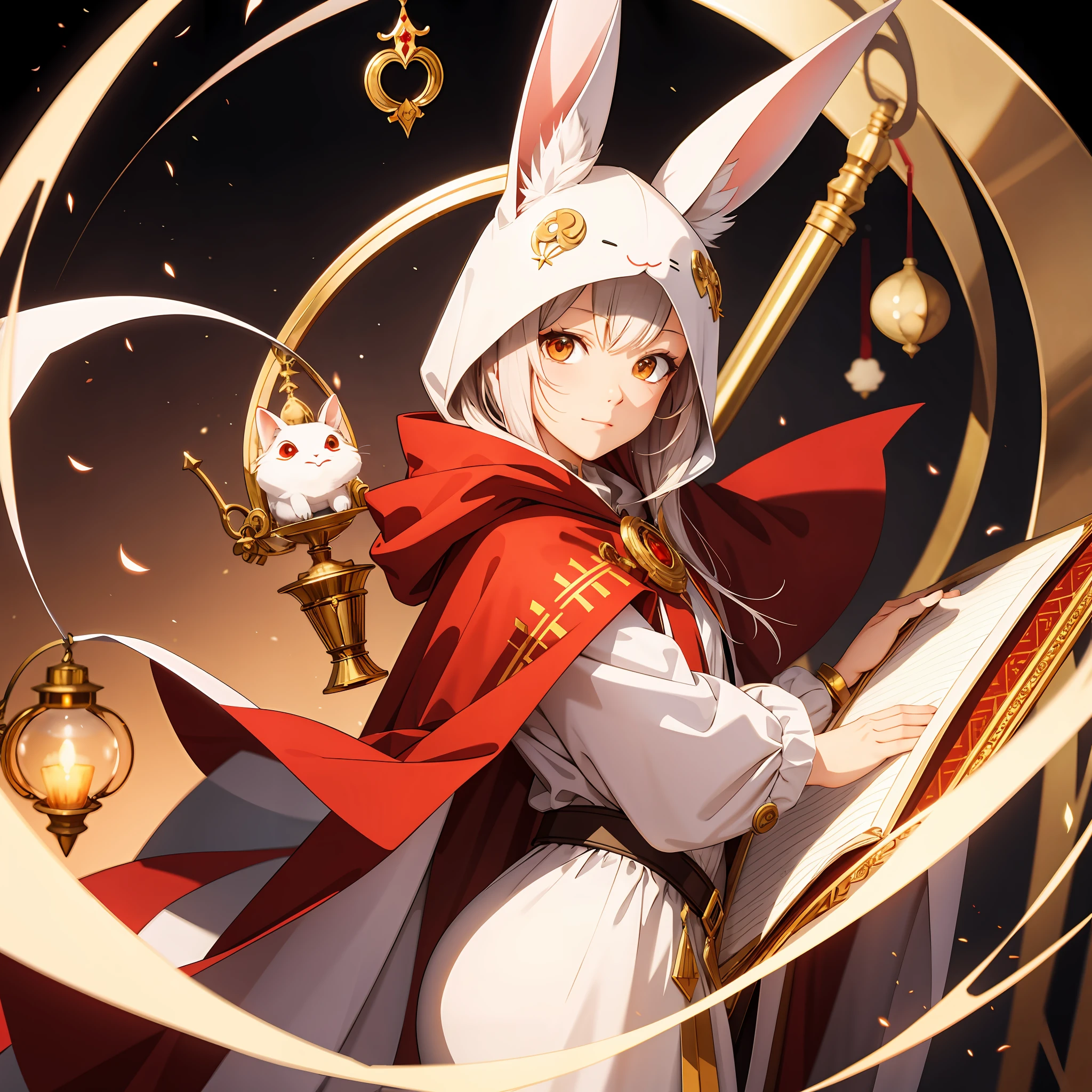 Cu73Cre4ture, white rabbit in red cape, golden eyes, hood, alchemy, potions, scrolls, drawings