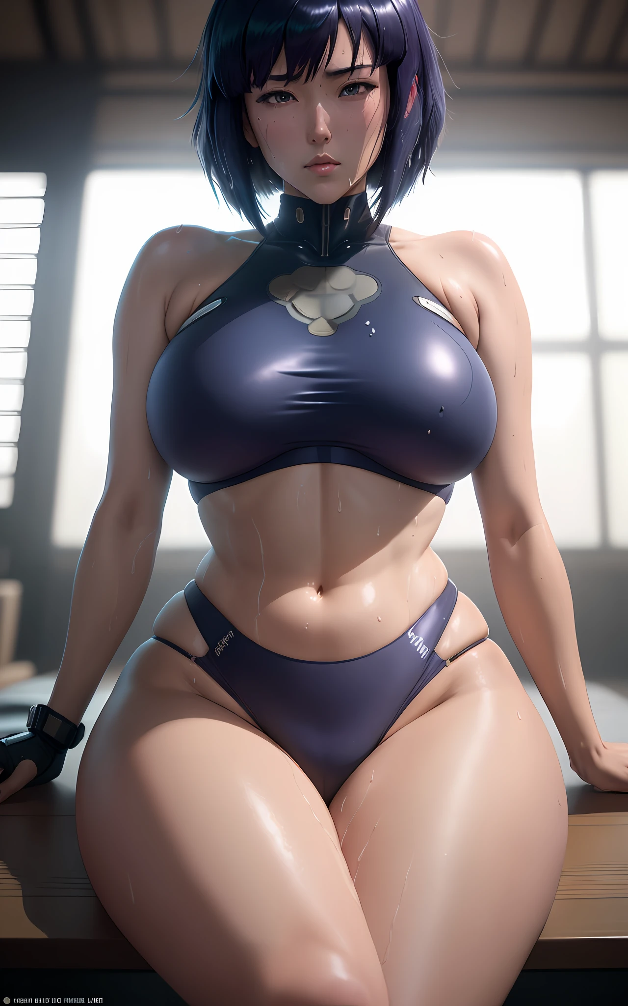 intricate detail, depth of field, backlighting, (masterpiece), (high details), award winning, high quality, best quality, 8k, Motoko Kusanagi from anime Ghost in the Shell, (inverted bob hair:1.3), (messy hair:0.3), dark blue hair, ponytail, sexy bikini, (sweating:1.3),, exhausted, sitting, open crotch