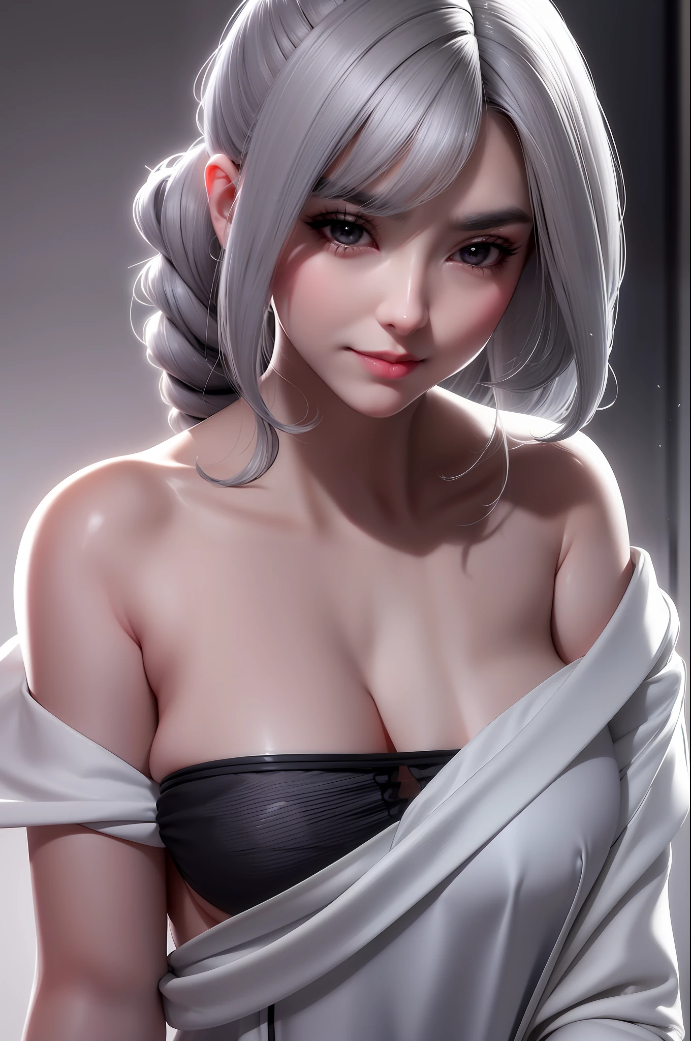((grey hair)), high ponytail,,heavy makeup, cute, technological sense,8k, best quality, masterpiece, illustration, an extremely delicate and beautiful, extremely detailed ,CG ,unity ,wallpaper, Amazing, finely detail, masterpiece,best quality,official art, extremely detailed CG unity 8k wallpaper,((smile)),tomboy,((Big eyes)),((perfect eyes)),highly detailed, sharp focus,rich background,, looking at viewer, breasts, blurry background, small breasts, bangs, bare shoulders, white dress, dress, realistic, in the cyberpunk city, strong rim light, in summer,