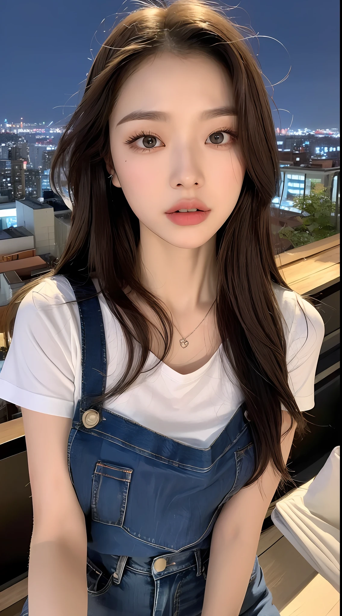 ((Midnight, Best quality, 8k, Masterpiece :1.3)), Whole body, Long legs, Sharp focus :1.2, A pretty woman with perfect figure :1.4, Slender abs :1.1, ((Dark brown hair, Big breasts :1.2)), (White tight tshirt, Jean bib, Standing:1.2), ((Night city view, Rooftop:1.3)), Highly detailed face and skin texture, Detailed eyes, Double eyelid
