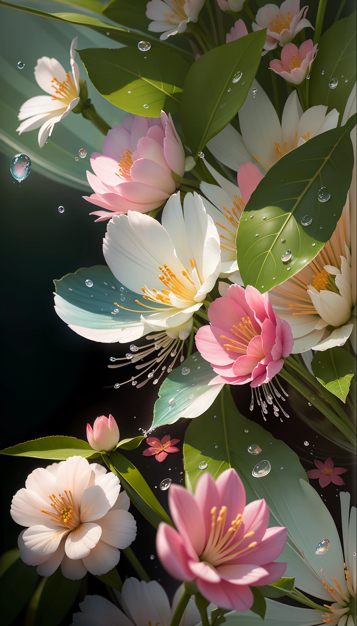there is a close up of a flower with water droplets on it, very beautiful photo, beautiful digital art, very beautiful digital art, flower blossoms, flower, beautiful digital artwork, beautiful flowers, beautiful gorgeous digital art, photorealistic illustration, sakura flower, beautiful digital painting, a beautiful artwork illustration, sakura flowers, beautiful flower, photorealistic digital art, sparkling petals