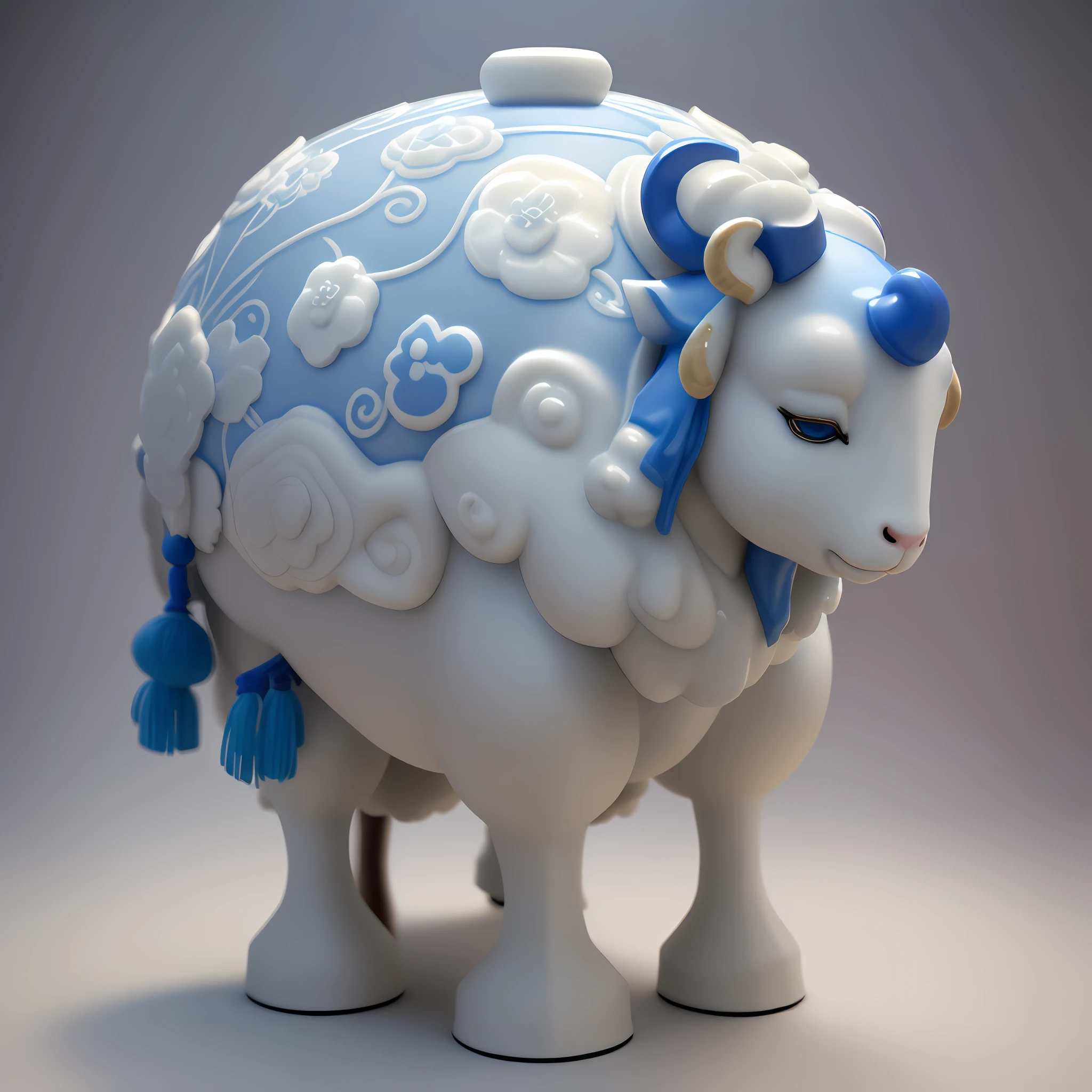 A cute ceramic sheep made of blue and white porcelain, full of Chinese mythology, with cinematic lighting, clean background and advanced color scheme, creates an all-over 3D model full of ancient Chinese cultural elements, charming terracotta material, delicate luster, normal decomposition, C4D, 8K