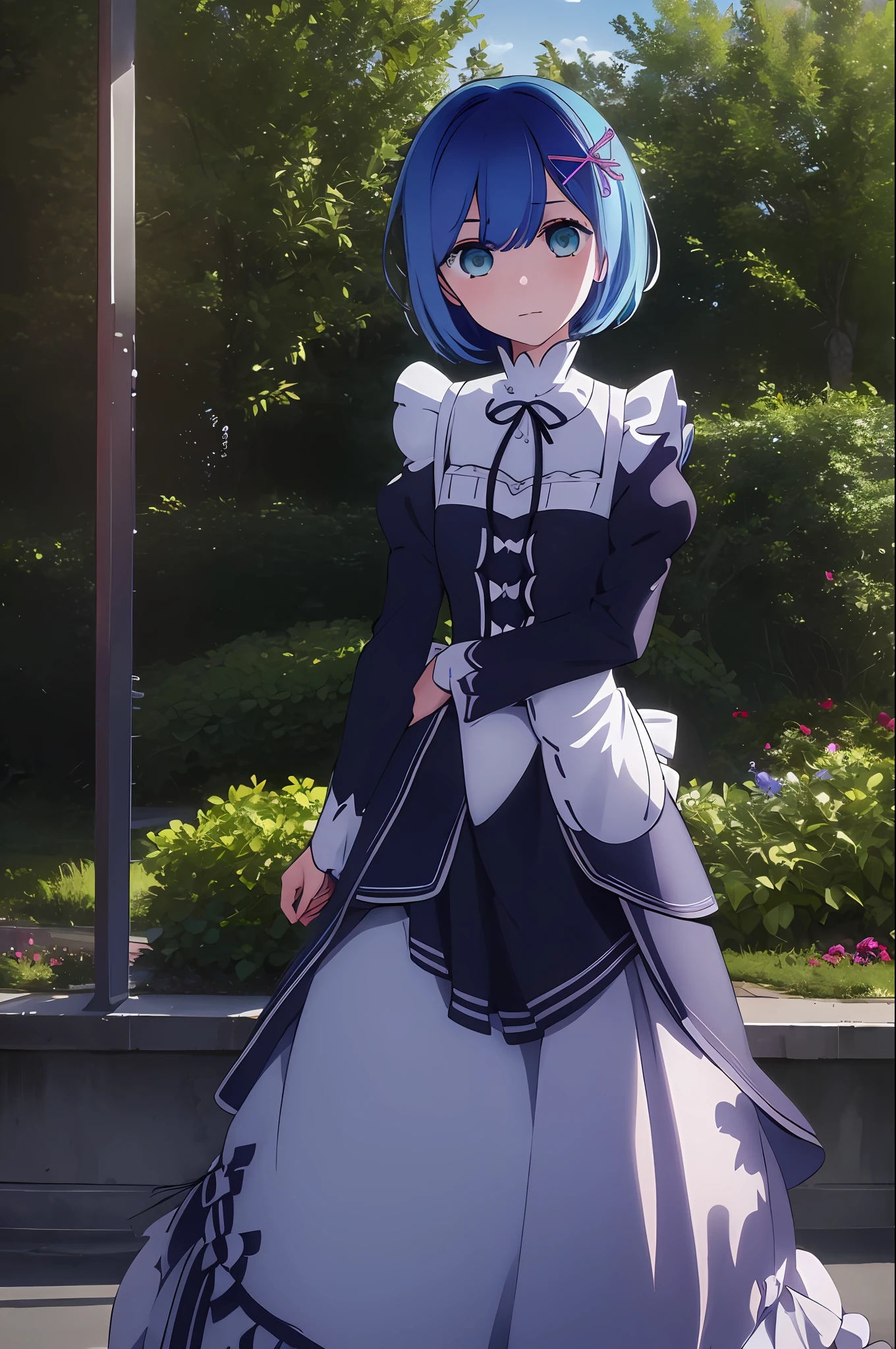 (masterpiece:1.6, best quality), (finely detailed beautiful eyes: 1.2), ph_rem, remhd, 1girl, blue hair, solo, blue eyes, x hair ornament,roswaal mansion maid uniform, maid, ocean,  bay, sunlight, trees, wave,  arms up