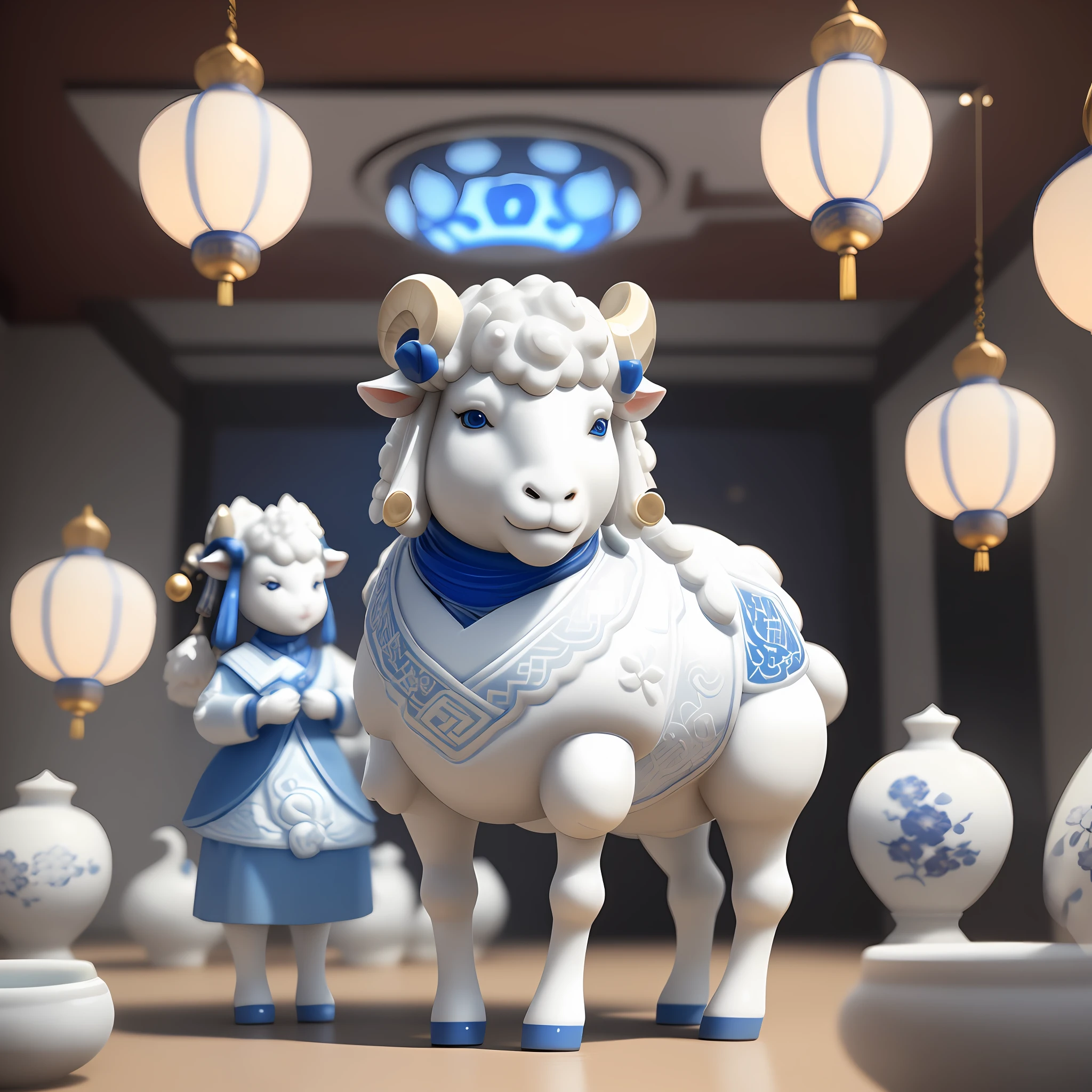 A cute ceramic sheep made of blue and white porcelain, full of Chinese mythology, with cinematic lighting, clean background and advanced color scheme, creates an all-over 3D model full of ancient Chinese cultural elements, charming terracotta material, delicate luster, normal decomposition, C4D, 8K