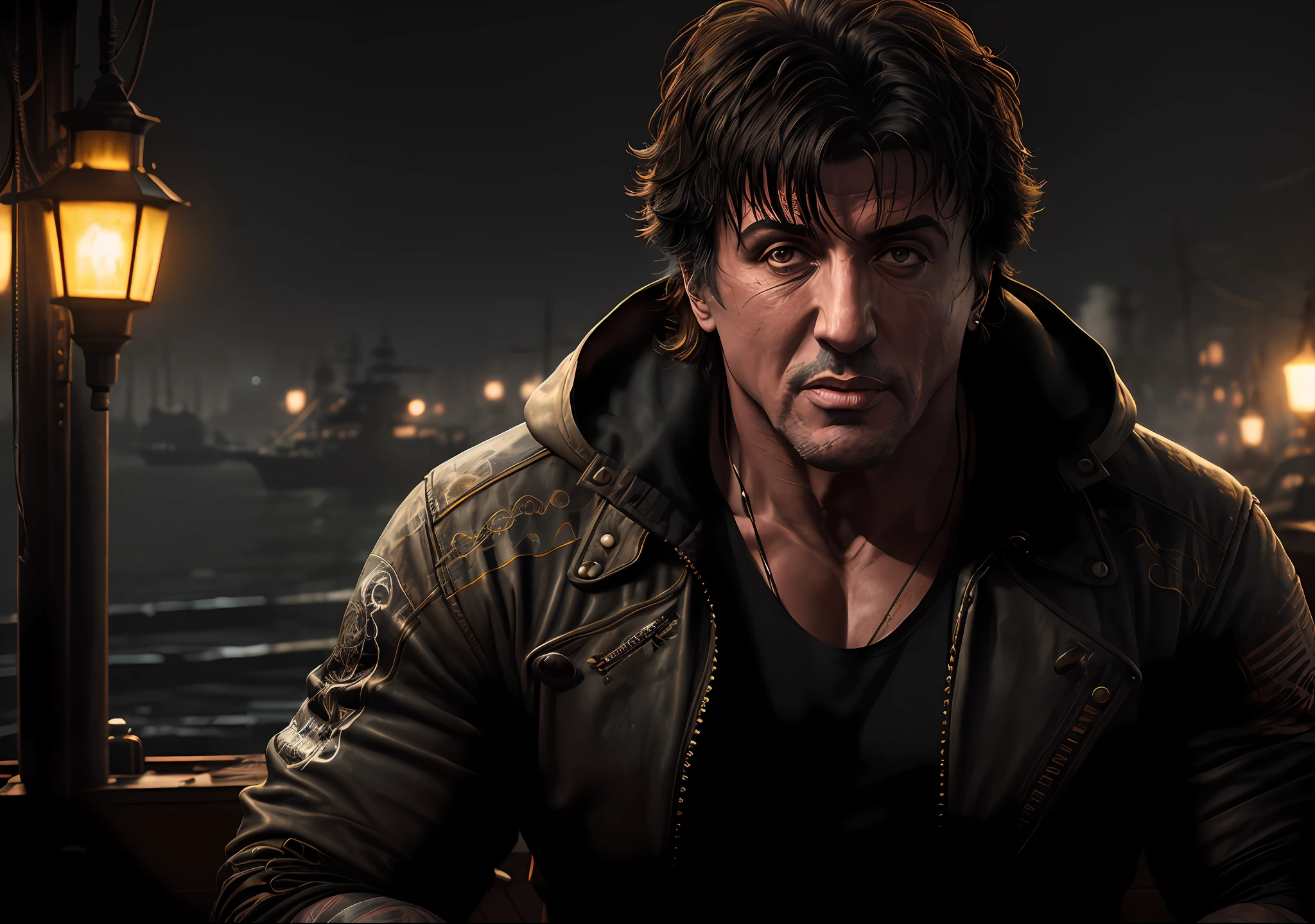 SYLVESTER STALLONE DARK PHOTO: Sitting on an old boat, realistic epic, portrait of, James Gilleard, by Joe Fenton, by Kaethe Butcher, yellow gradient, black, brown and magenta color scheme, grunge aesthetic!!! Graffiti brand wall background, art by Greg Rutkowski and Artgerm, soft cinematic light, Adobe Lightroom, Photo Lab, HDR, intricate, highly detailed, (depth of field: 1.4), faded, (neutral colors: 1.2), (HDR: 1.4), (soft colors:1.2), hyperdetailed, (Artstation:1.4), cinematic, warm lights, dramatic light, (intricate details:1.1), complex background, (Rutkowski:0.66), (blue and orange:0.4)