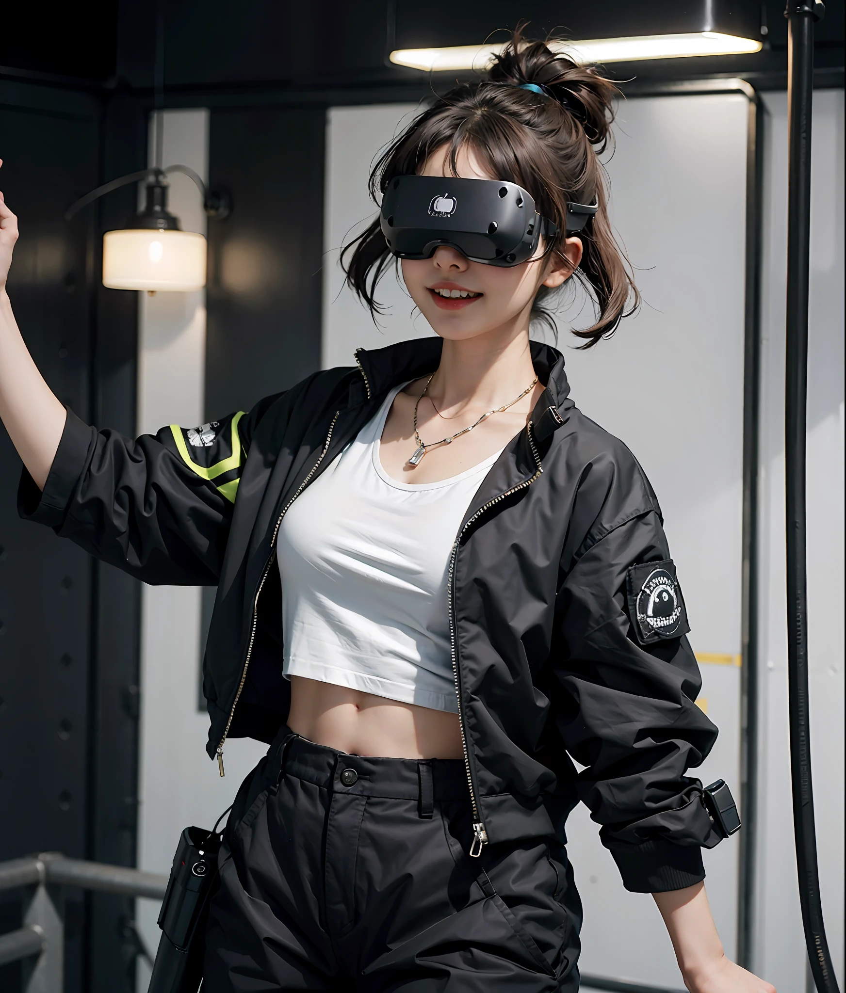 Close up photo, medium shoot, wide angle, a nijigirl with anthena ears wearing techwear jacket and baggy cargo pants, wearing vr headset samurai, milky bob cut, warm grin, a huge diamond necklace, cyberpunk city, very detailed, vr headset