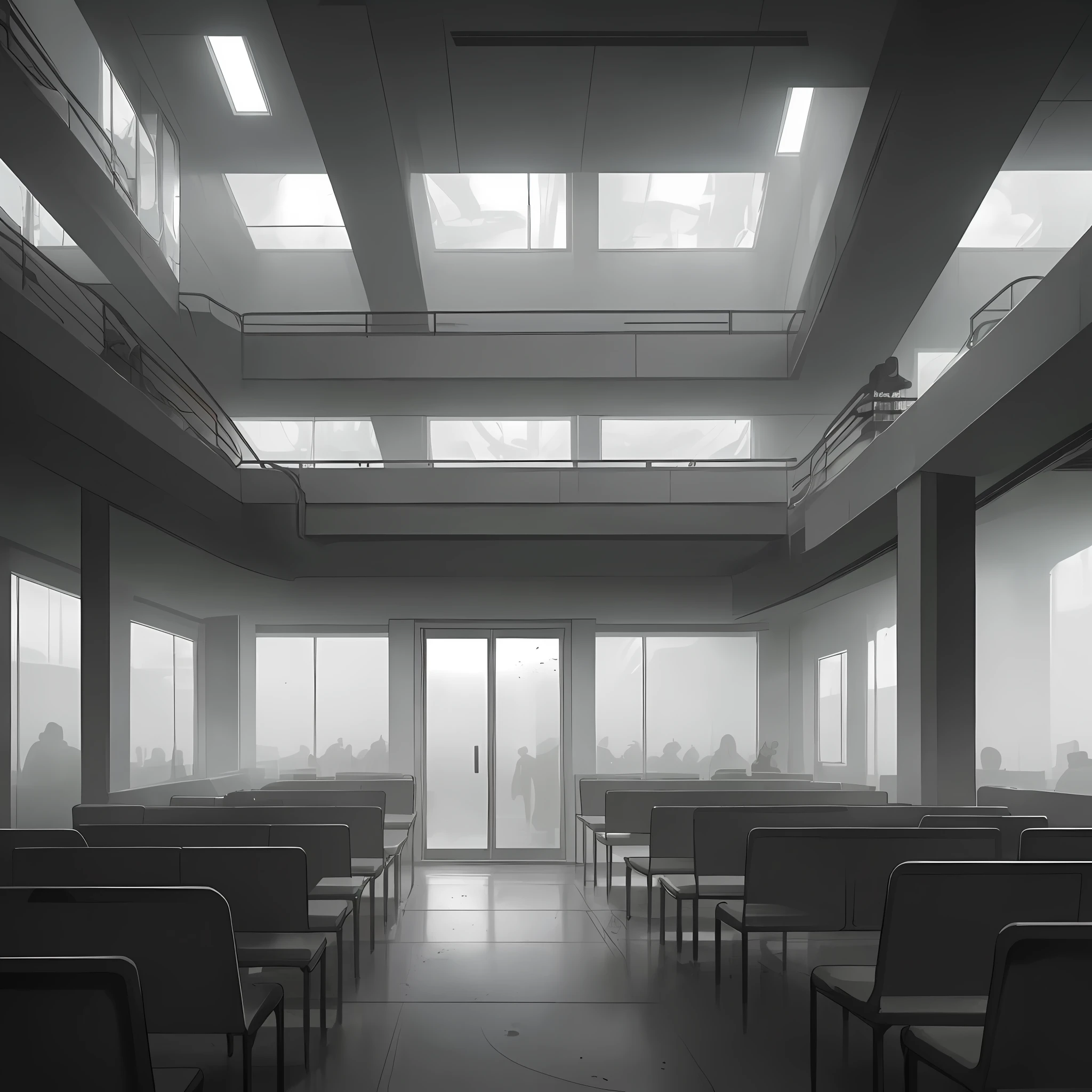 Front plane from the outside of an empty cafeteria in a futuristic gray cement building (with large windows that reflect light from the outside), the interior is empty, outside there are some black metal tables and chairs. The atmosphere is gray and depressing, dirty and dark, heavily laden with fog. dim and gray light, no people, it's all empty