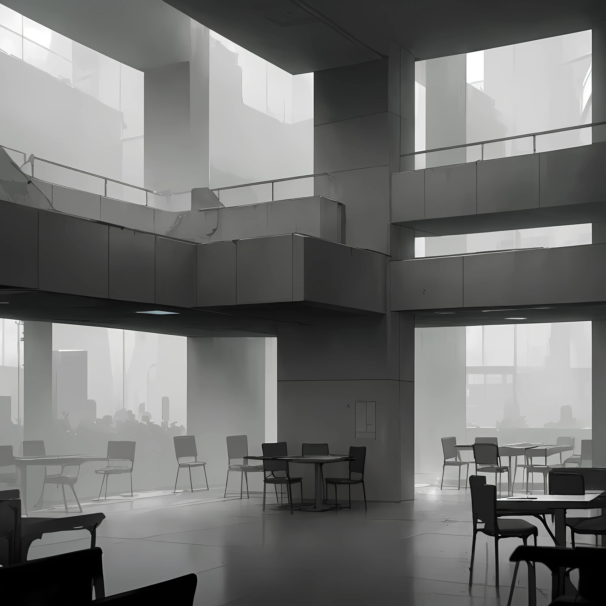 Front plane from the outside of an empty cafeteria in a futuristic gray cement building (with large windows that reflect light from the outside), the interior is empty, outside there are some black metal tables and chairs. The atmosphere is gray and depressing, dirty and dark, heavily laden with fog. dim and gray light, no people, it's all empty