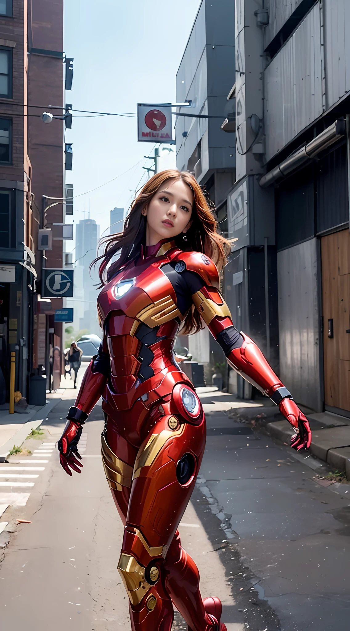 woman in a red and gold suit is posing on a skateboard, park shin hye as a super villain, realistic cosplay, like ironman, covered in full metal armor, in style of marvel, armor girl, lady in red armor, girl in mecha cyber armor, emma watson as iron man, masayoshi suto and artgerm, medium close - up ( mcu )