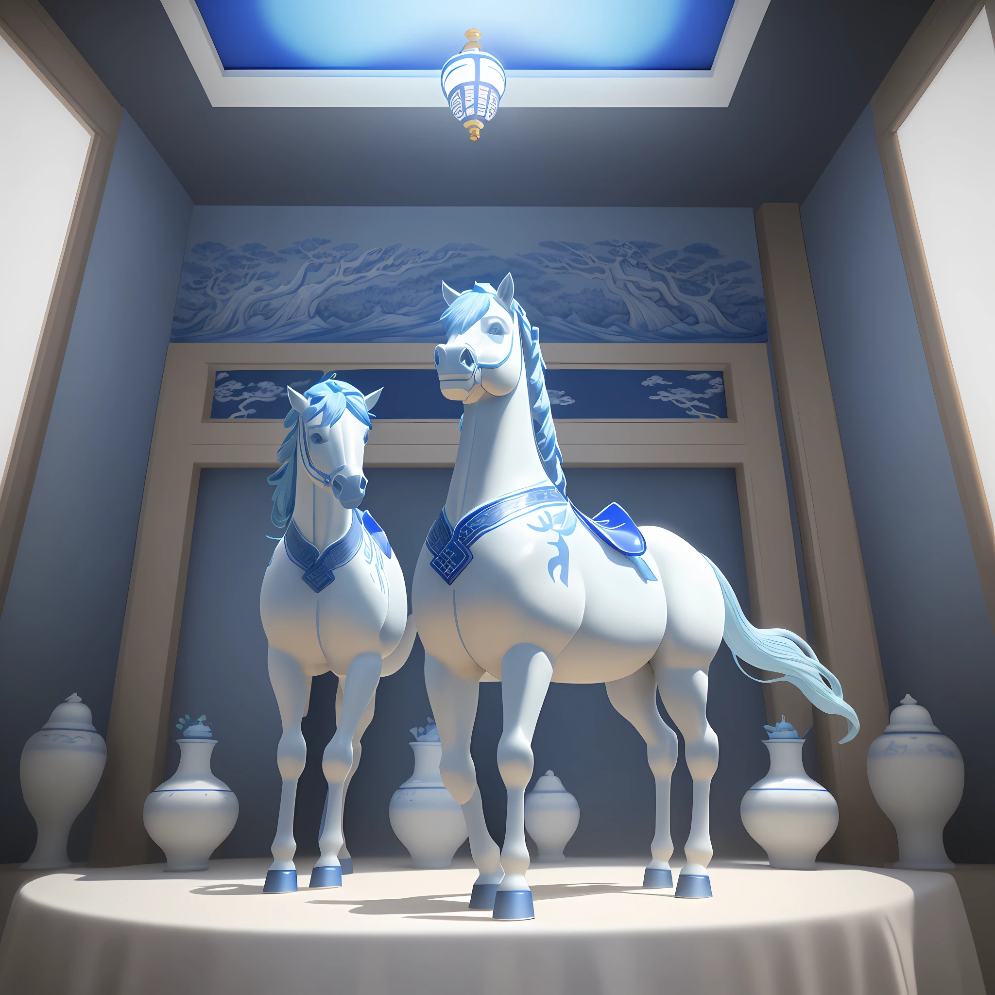 A cute ceramic horse made of blue and white porcelain, full of Chinese mythology, with cinematic lighting, clean background and advanced color scheme, creates an all-over 3D model full of ancient Chinese cultural elements, charming terracotta material, delicate luster, normal decomposition, C4D, 8K