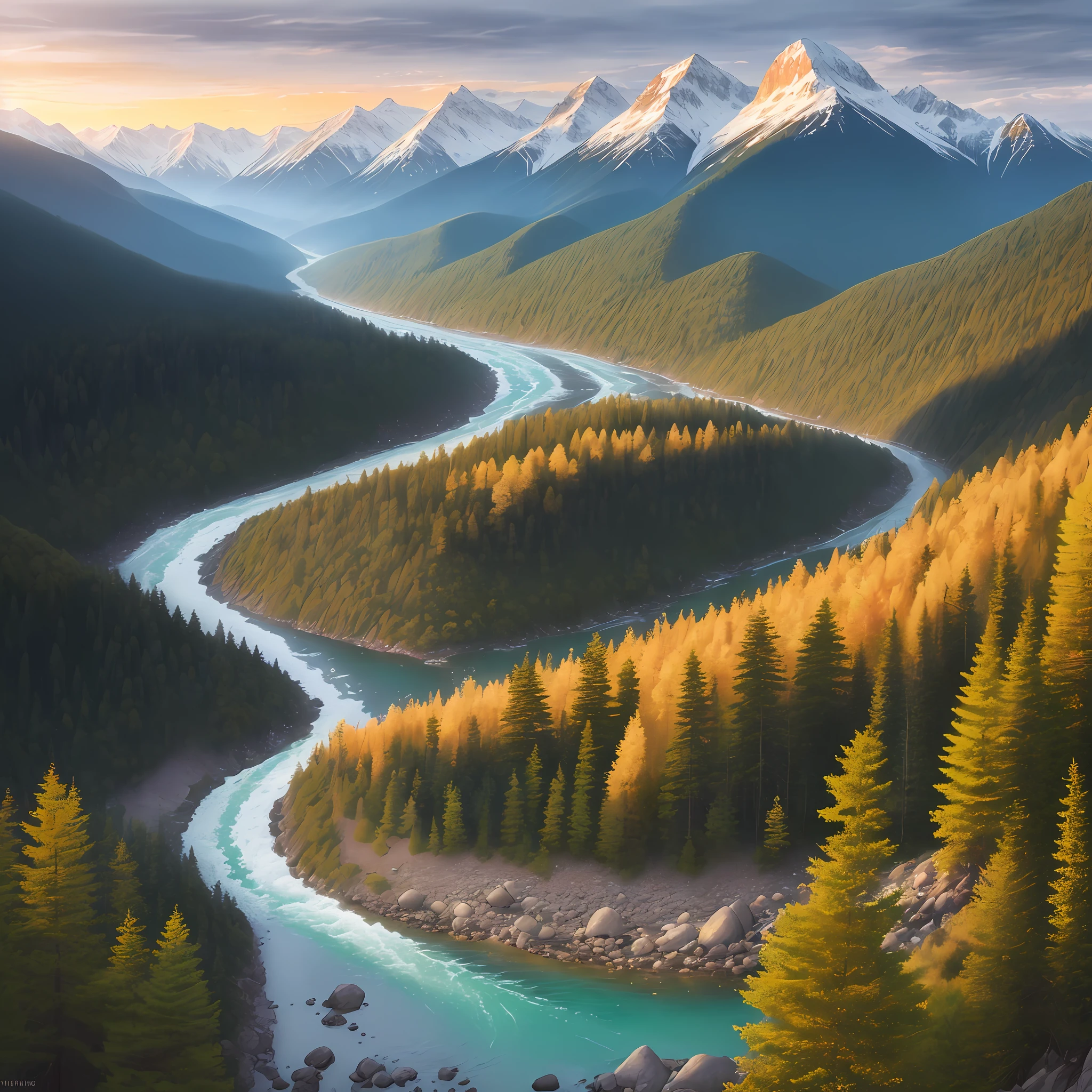 Panoramic view of a mountain range during the golden hour, tall trees, turbulent river with crystal clear waters, raining a lot
