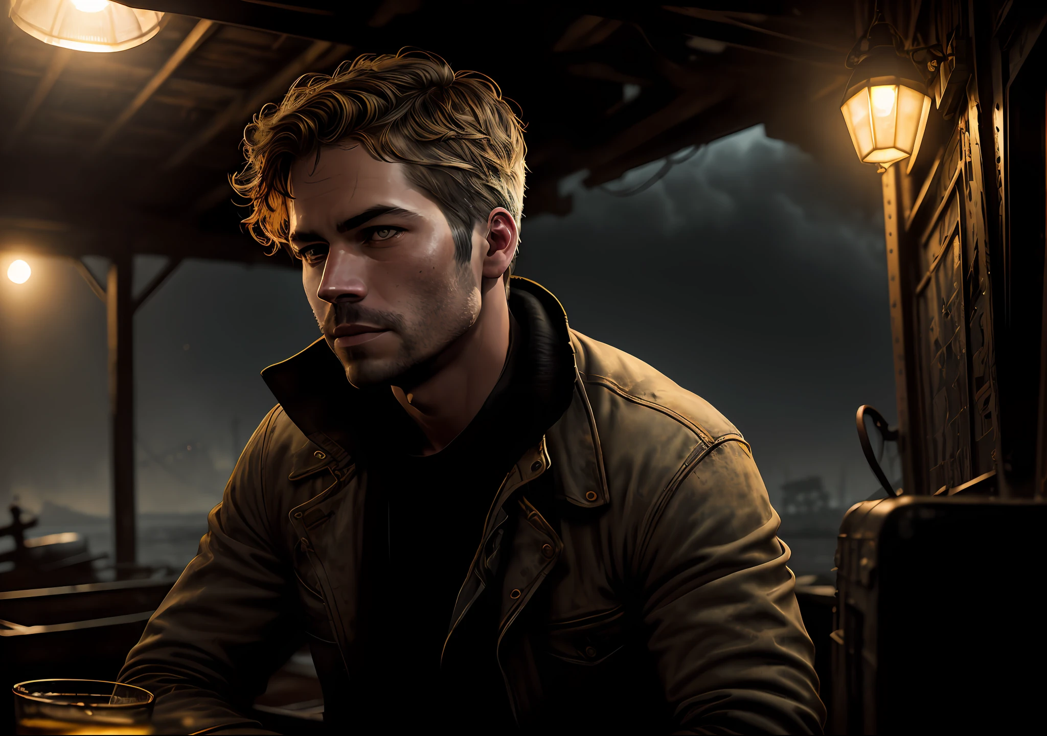 PAUL WALKER DARK PHOTO: Sitting on an old boat, realistic epic, portrait of, James Gilleard, by Joe Fenton, by Kaethe Butcher, yellow gradient, black, brown and magenta color scheme, grunge aesthetic!!! Graffiti brand wall background, art by Greg Rutkowski and Artgerm, soft cinematic light, Adobe Lightroom, Photo Lab, HDR, intricate, highly detailed, (depth of field: 1.4), faded, (neutral colors: 1.2), (HDR: 1.4), (soft colors:1.2), hyperdetailed, (Artstation:1.4), cinematic, warm lights, dramatic light, (intricate details:1.1), complex background, (Rutkowski:0.66), (blue and orange:0.4)