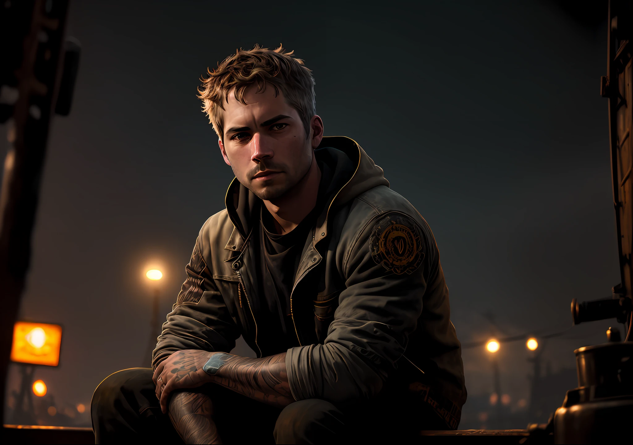 PAUL WALKER DARK PHOTO: Sitting on an old boat, realistic epic, portrait of, James Gilleard, by Joe Fenton, by Kaethe Butcher, yellow gradient, black, brown and magenta color scheme, grunge aesthetic!!! Graffiti brand wall background, art by Greg Rutkowski and Artgerm, soft cinematic light, Adobe Lightroom, Photo Lab, HDR, intricate, highly detailed, (depth of field: 1.4), faded, (neutral colors: 1.2), (HDR: 1.4), (soft colors:1.2), hyperdetailed, (Artstation:1.4), cinematic, warm lights, dramatic light, (intricate details:1.1), complex background, (Rutkowski:0.66), (blue and orange:0.4)