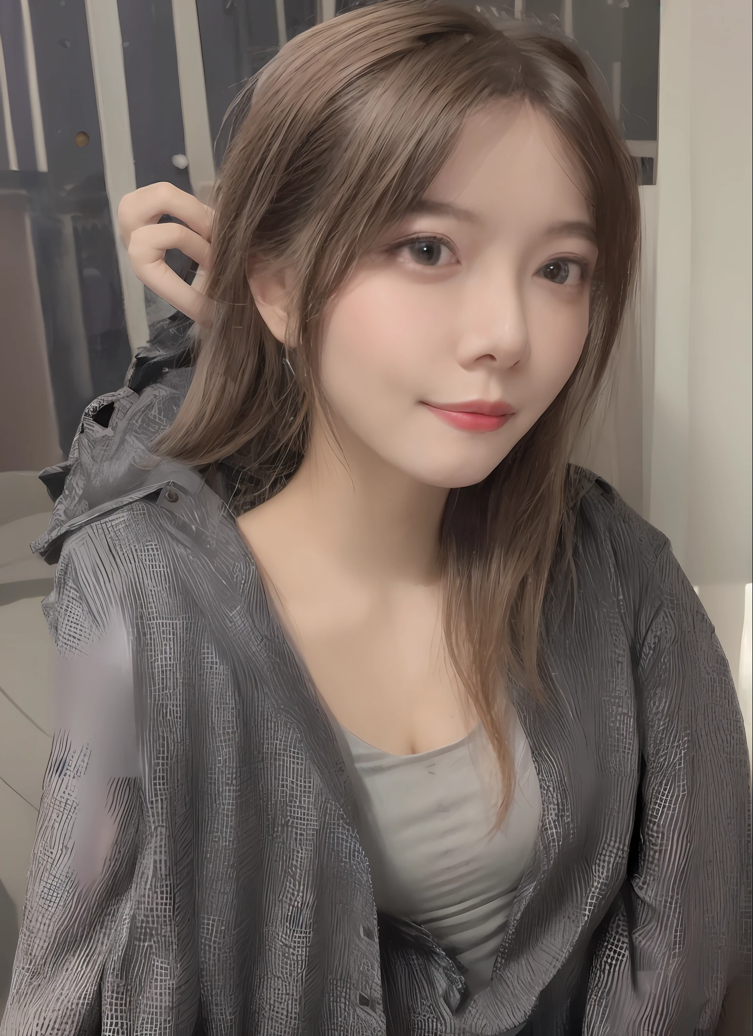 8K, Best Quality, Masterpiece: 1.2), Super Detail, 1 Girl, Cute, Independent, Beautiful Detail Sky, Detail Cafe, Night, Sitting, Dating, (Red Nose), Sweet Smile, (Smile: 1.15 ), (close up) small breasts, color contact lenses, (collar shirt: 1.1), black dress, black stockings, night, wet, business attire, rain, long hair, flowing hair, NovaFrog style, half naked, cat,