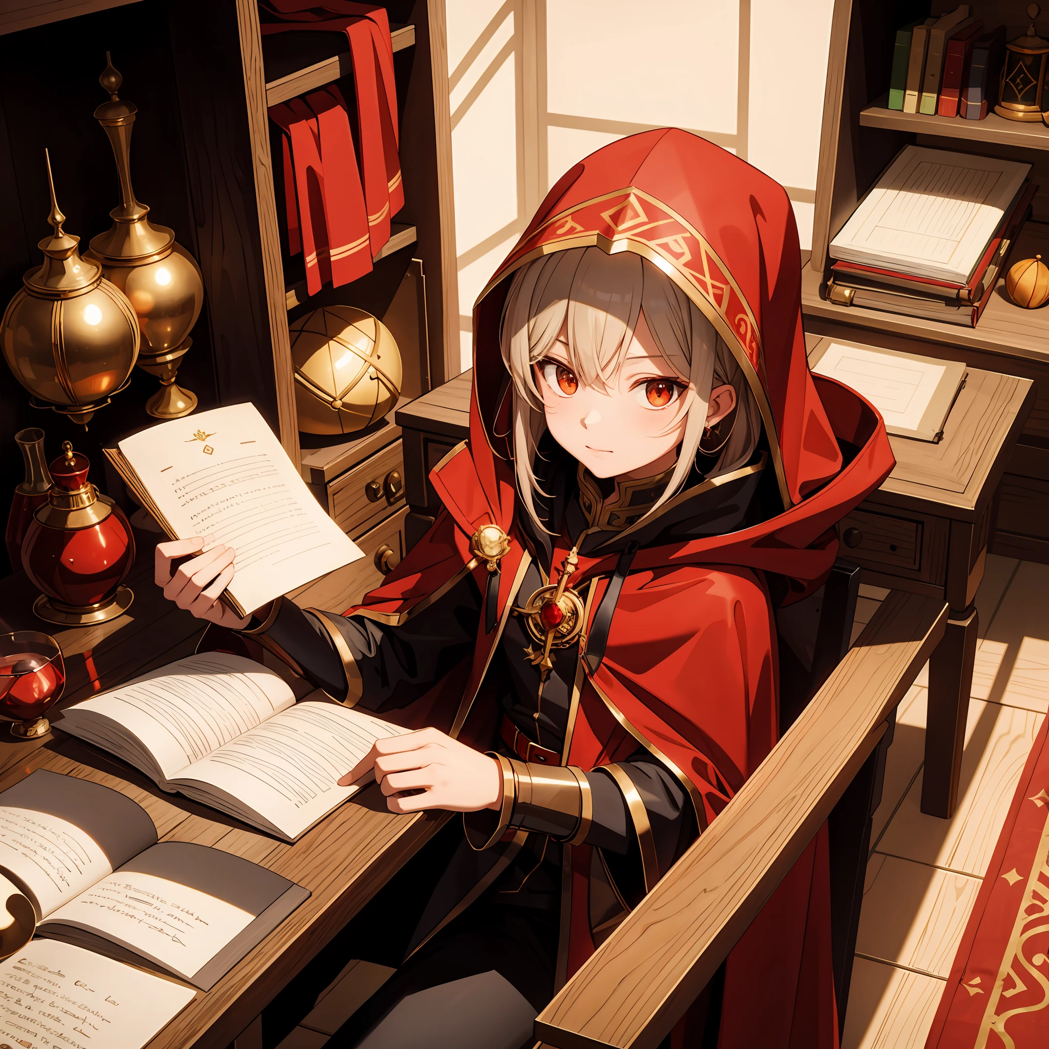 Cu73Cre4ture, wearing a red cloak, ((rabbit)), golden eyes, hood, alchemy, potions, scrolls, drawings, not humans