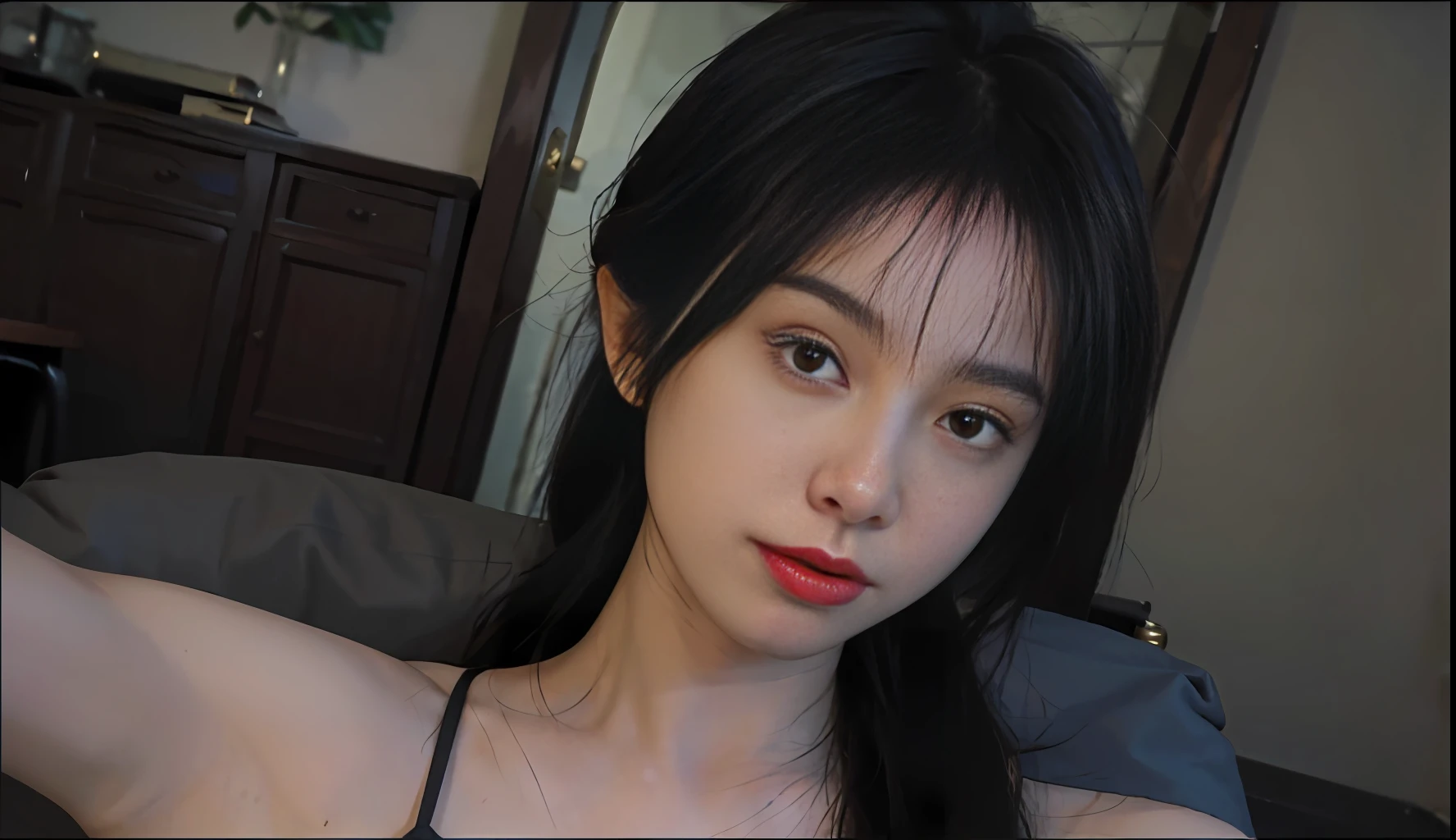 8K, Best Quality, Masterpiece, Ultra High Resolution, (Realism: 1.4), Original Photo, (True Skin Texture: 1.3), (Film Grain: 1.3), (Selfie Angle), 1 Girl, Beautiful Eyes and Face Details, Masterpiece, Best Quality, Close-up, Upper Body, Double Ponytail