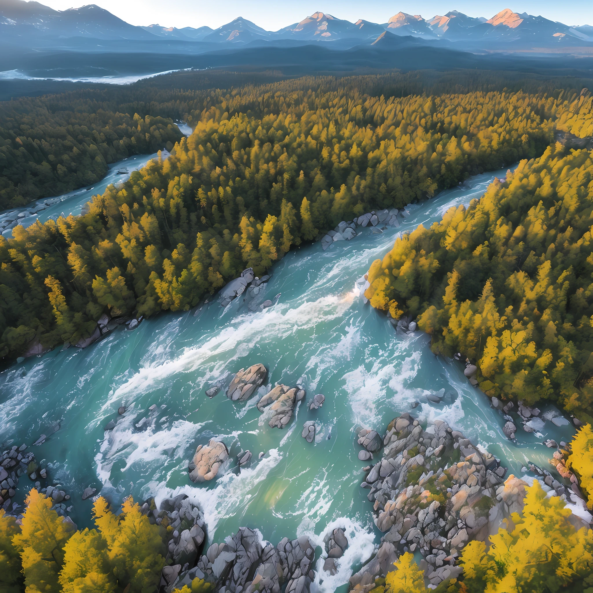 Panoramic view of a mountain range during the golden hour, ultra realistic, 8k, tall trees only wind, turbulent river with crystal clear waters, raining a lot