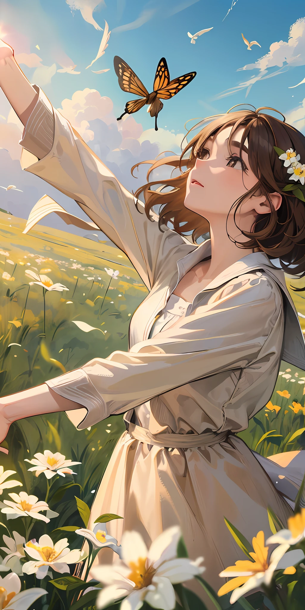 High Detail, Ultra Detail, Ultra High Resolution Light brown eyebrows, short brown hair girl enjoying her time in open field, surrounded by the beauty of nature, warm sun sprinkling on her, white flowers gently swaying in the breeze. Butterflies and birds flutter around her, adding to the playful atmosphere ,--v6