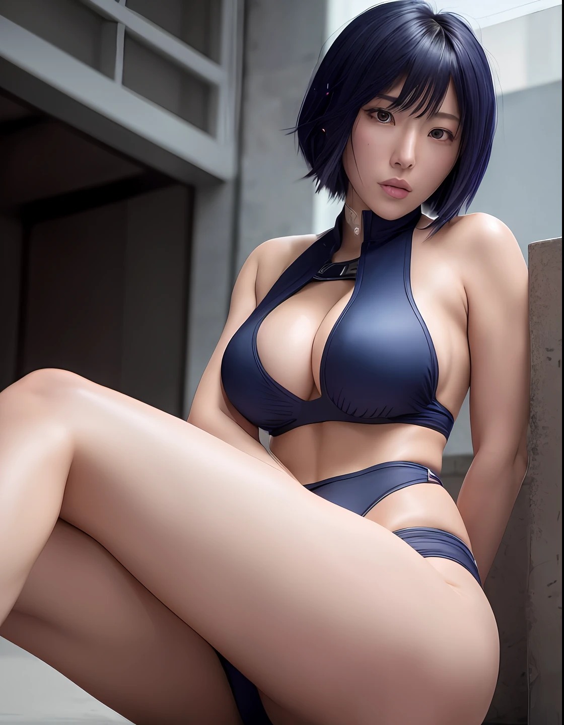 (masterpiece), (high details),, intricate detail, depth of field, backlighting, award winning, high quality, best quality, 8k, Motoko Kusanagi from anime Ghost in the Shell, (inverted bob hair:1.3), (messy hair:0.3), dark blue hair, ponytail, sexy bikini, (sweating:1.3), exhausted, sitting, open crotch