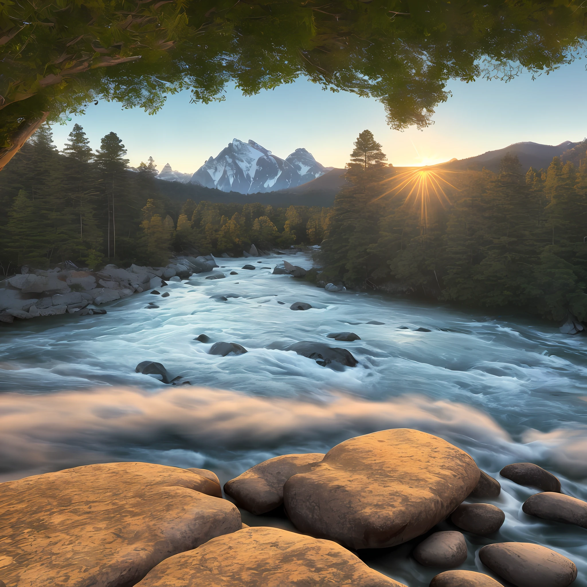 Panoramic view of a mountain range during the golden hour, ultra realistic, 8k, tall trees only wind, turbulent river with crystal clear waters, raining a lot