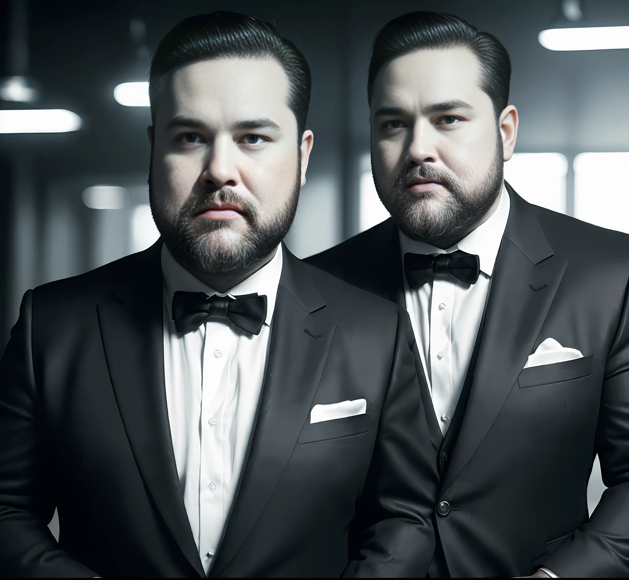 (Chubby man wearing black suit without tie), ), (wearing beard,) attractive and serious look, short dark hair, stylish and elegant, shaved and strong body fitted in the suit, show body, old gentleman, (high quality and realistic image), in the background of dark black image and lights, cinematic style, ((Best quality, 8k, Masterpiece).