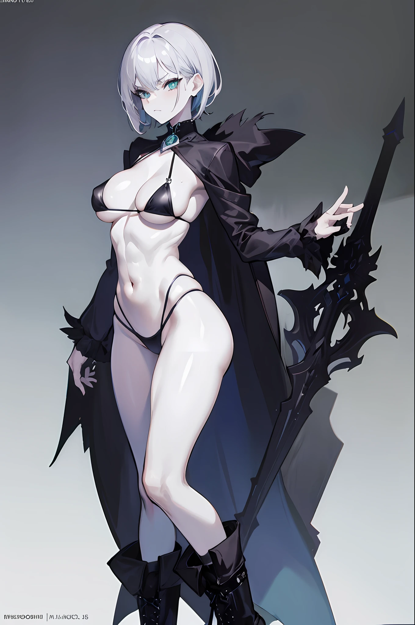 a goth mage , pretty face, serious face, short hair, green eyes, perfect body, fit body, abdomen, big breasts, muscular, small black thong, fishnets stockings, extra small bikini, full body, combat boots, Limbs, silver hair woman, 25 years old, tall, model, blue eyes, navel, black bikini, micro bikini thong, huge boobs: 3.0, blushing, angry, erect areola, (pale skin: 1.1), slim, wet body Shiny