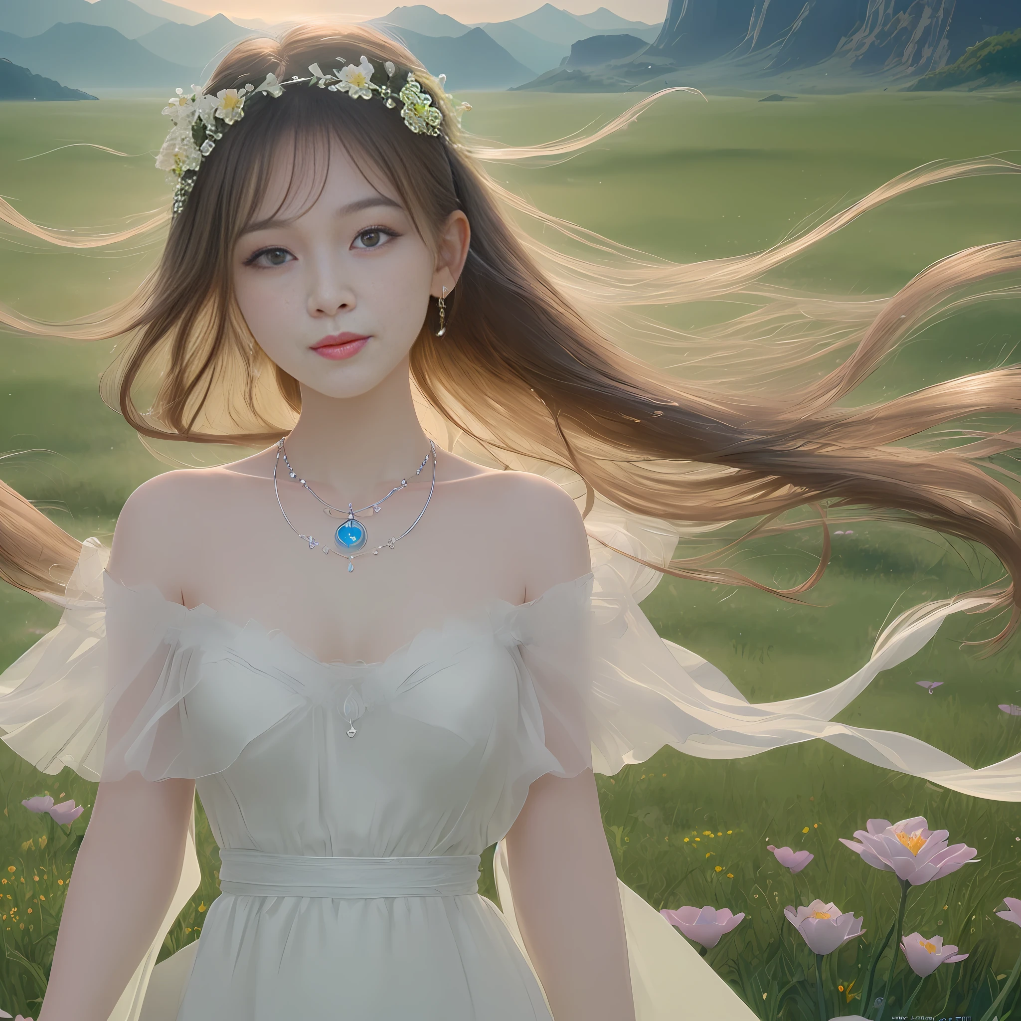 (Extremely detailed CG Unity 8k wallpaper, masterpiece, best quality, super detailed), best lighting, best shadow, extremely delicate beauty, bust, delicate facial features, shining skin, necklace, girl, sea of flowers, meadow, (vast), (divine atmosphere).