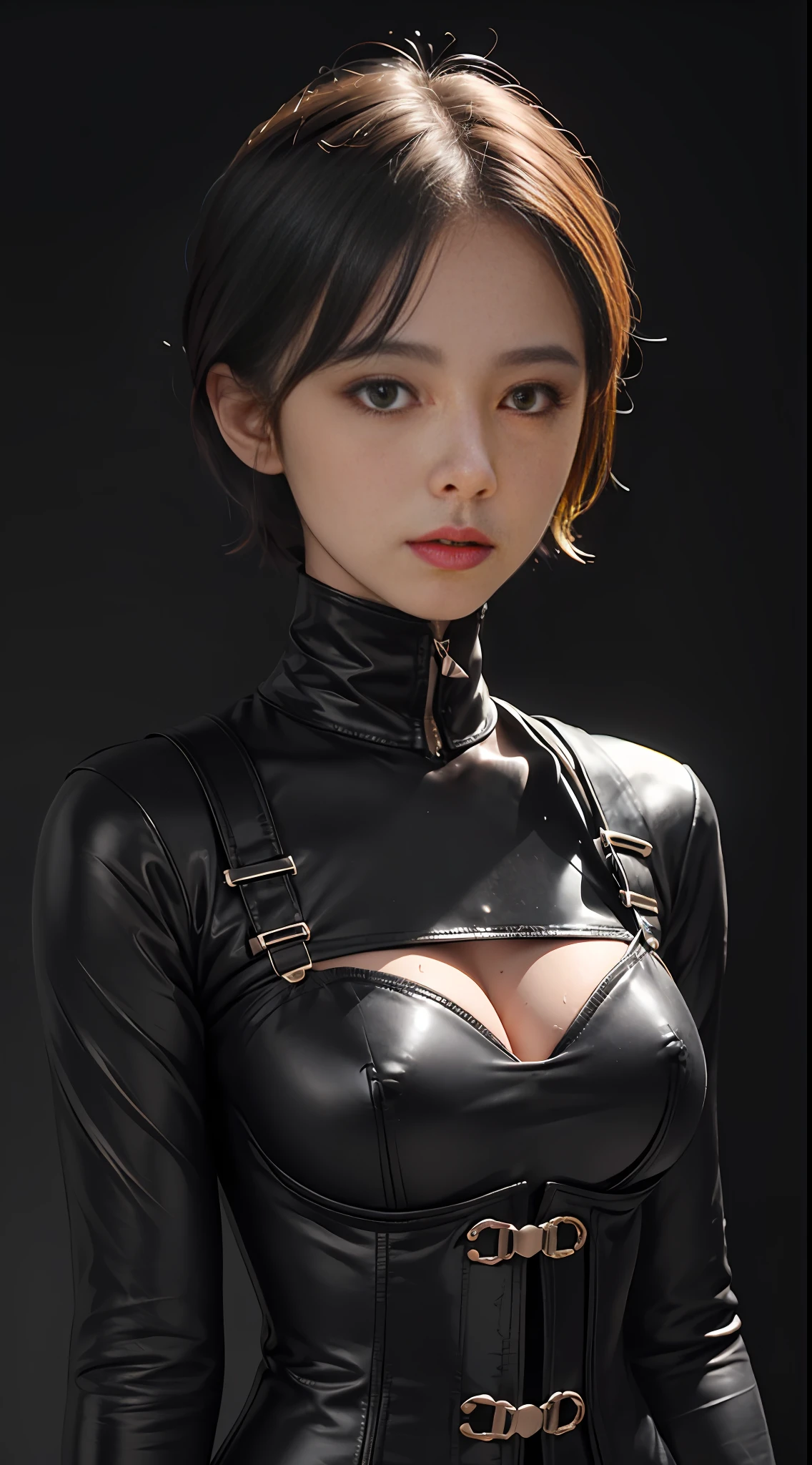 Woman with mouth blocked, crying face, handcuffs, BDSM, slave, rubber, black corset, bondage, collar, nsfw, ((highest quality, 8k, masterpiece: 1.3)), crisp focus: 1.2, (layer cut, big: 1.2), beautiful woman with perfect figure: 1.4, slender abs: 1.2, wet body: 1.5, highly detailed face and skin texture, detailed eyes, double eyelids, Very Shorthair,