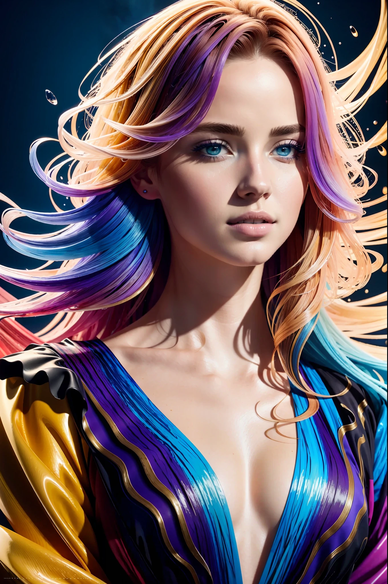 Colorful beautiful girl: a giru 18-years old, messy hair, oil painting, nice perfect face with soft skinice perfect face, blue yellow colors, light purple and violet additions, light red additions, intricate detail, splash screen, 8k resolution, masterpiece, cute face,artstation digital painting smooth veryBlack ink flow: 8k resolution photorealistic masterpiece: intricately detailed fluid gouache painting: by Jean Baptiste Mongue: calligraphy: acrylic: watercolor art, professional photography, natural lighting, volumetric lighting maximalist photoillustration: by marton bobzert:, complex, elegant, expansive, fantastical, wavy hair, vibrant, Best quality details, realistic, High definition, High quality texture, epic lighting, Cinematic film still, 8k, soft lighting, anime style, masterful playing card border, random Colorful art, oil painting, blue yellow colors, light purple and violet additions, light red additions, intricate detail, splash screen, 8k resolution, masterpiece, artstation digital painting smooth veryBlack ink flow: 8k resolution photorealistic masterpiece: intricately detailed fluid gouache painting: by Jean Baptiste Mongue: calligraphy: acrylic: watercolor art, professional photography, natural lighting, volumetric lighting maximalist photoillustration: by marton bobzert:, complex, elegant, expansive, fantastical, vibrant