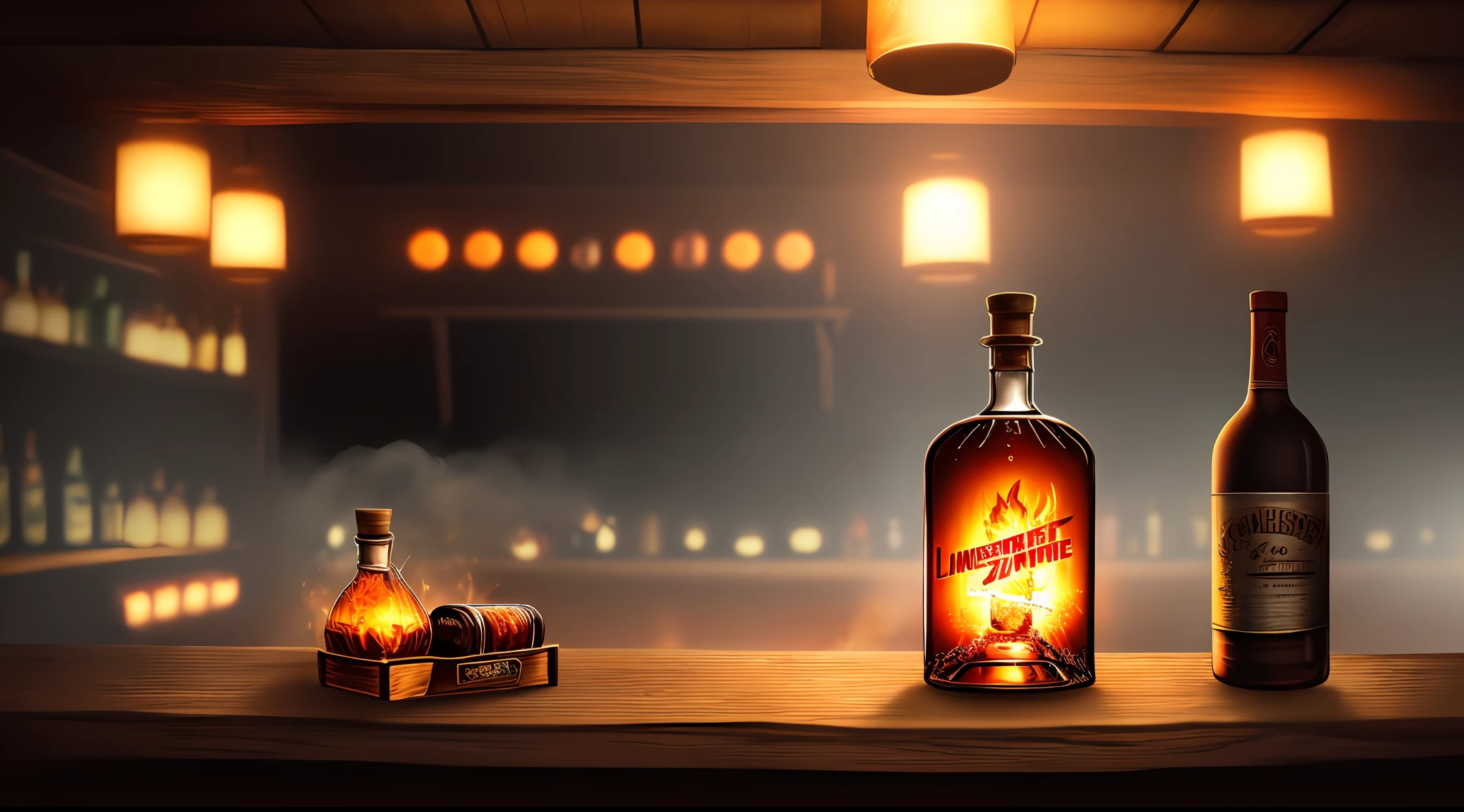 A bottle of luxurious wisky catching fire on a rustic bar shelf in a 70's cyberpunk setting, flares, fog, ultra-detailed