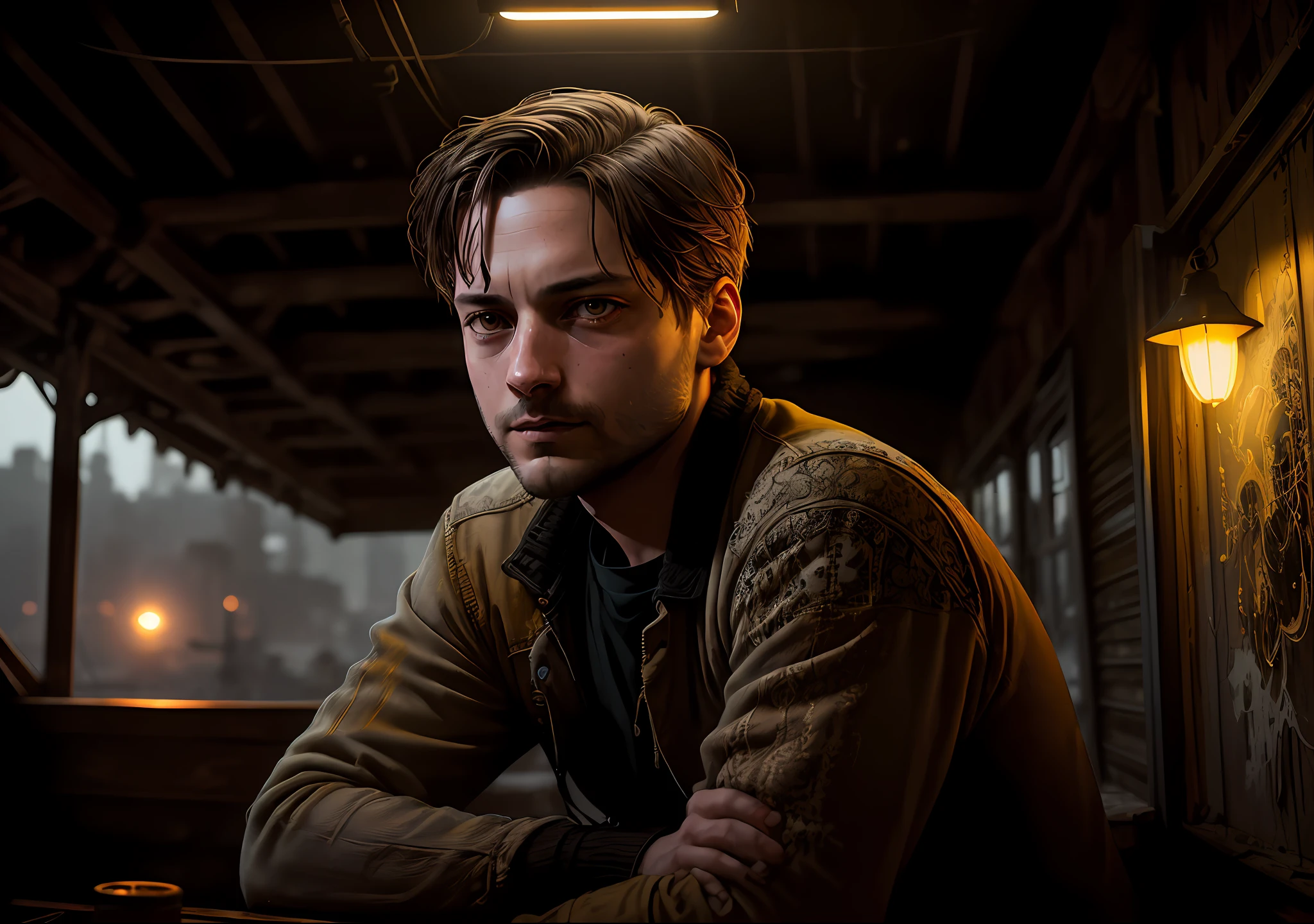 TOBEY MAGUIRE DARK PHOTO: Sitting on an old boat, realistic epic, portrait of, James Gilleard, by Joe Fenton, by Kaethe Butcher, yellow gradient, black, brown and magenta color scheme, grunge aesthetic!!! Graffiti brand wall background, art by Greg Rutkowski and Artgerm, soft cinematic light, Adobe Lightroom, Photo Lab, HDR, intricate, highly detailed, (depth of field: 1.4), faded, (neutral colors: 1.2), (HDR: 1.4), (soft colors:1.2), hyperdetailed, (Artstation:1.4), cinematic, warm lights, dramatic light, (intricate details:1.1), complex background, (Rutkowski:0.66), (blue and orange:0.4)
