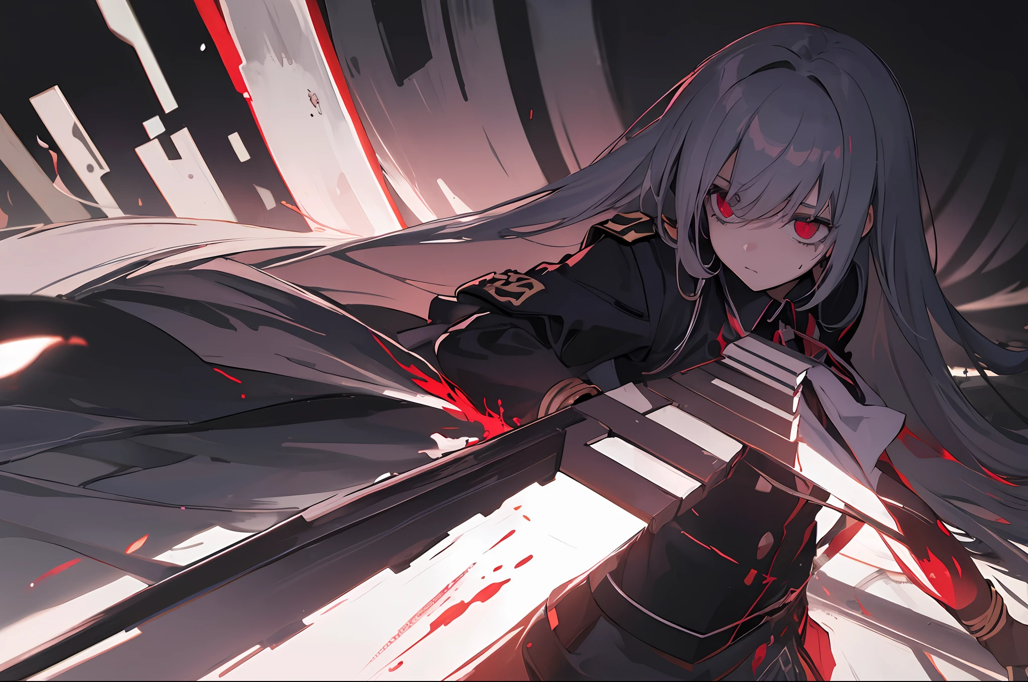 ((HD)), ((Fresh Style)), ((Soft Light and Shadow)), ((Full Lens)),
1 girl, soft hair, blank eyes, wearing a black bracelet, holding a weapon, wearing a uniform with the symbol of death, corpses scattered behind her,
Dark background, distorted atmosphere, blood rendering, power release, soul acquisition, death coming.