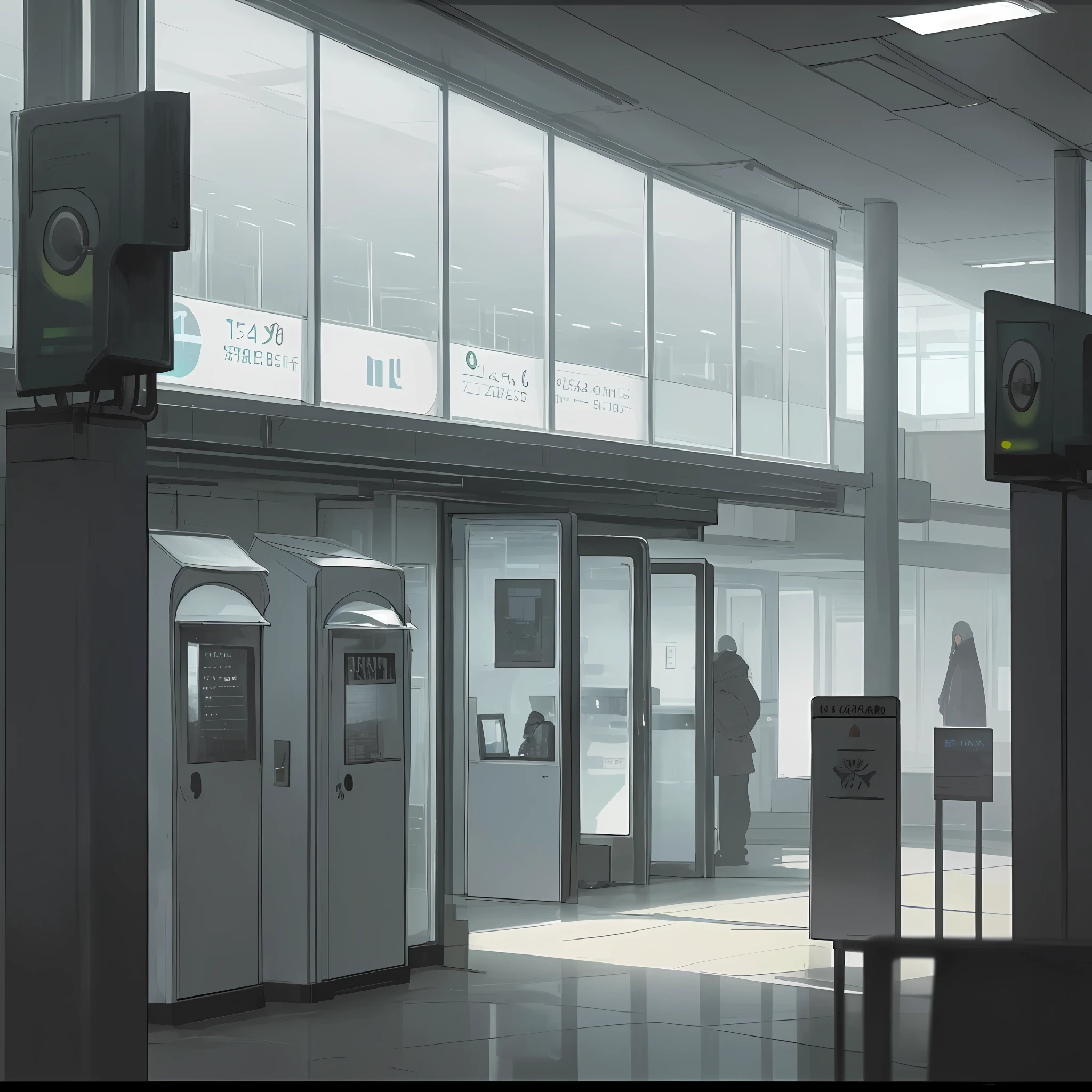 Front plane from the outside of the façade of an empty cafeteria in a futuristic building of gray cement (with large windows that reflect the light from the outside), (pastel yellow posters), (poster of announcements), (pastel blue telephone booth), the interior is empty, on the outside there are some tables and chairs (black metal paint), dark green bins,  Pots. The atmosphere is gray and depressing, dirty and dark, heavily laden with fog. dim and gray light, no people, it's all empty