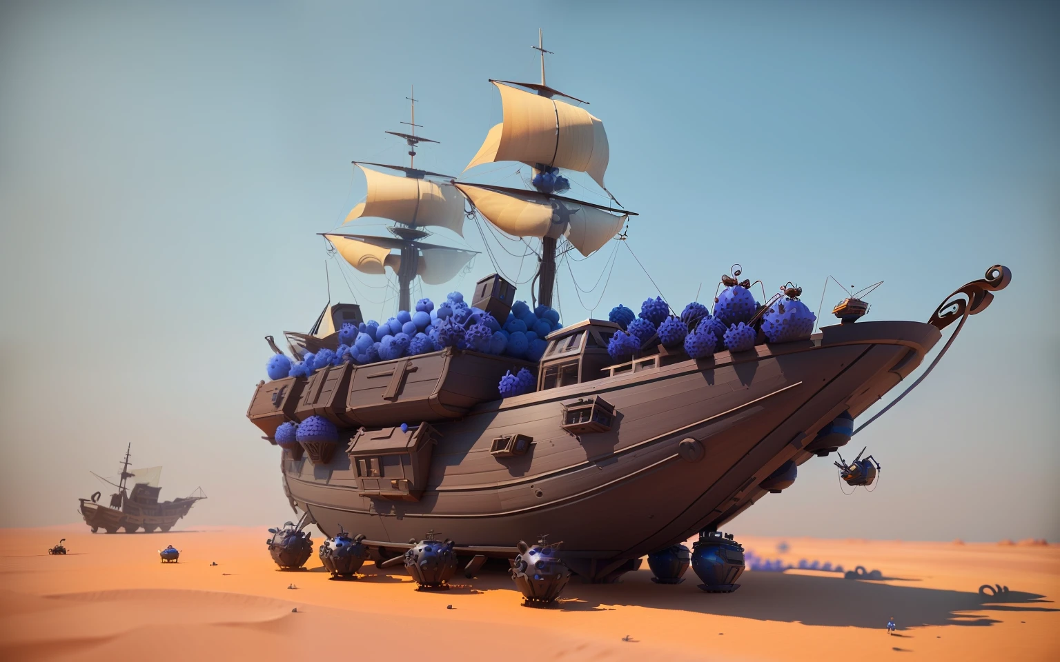 an anthill made from old tiny ship design, blueberry,ants,animations,3D,upscales